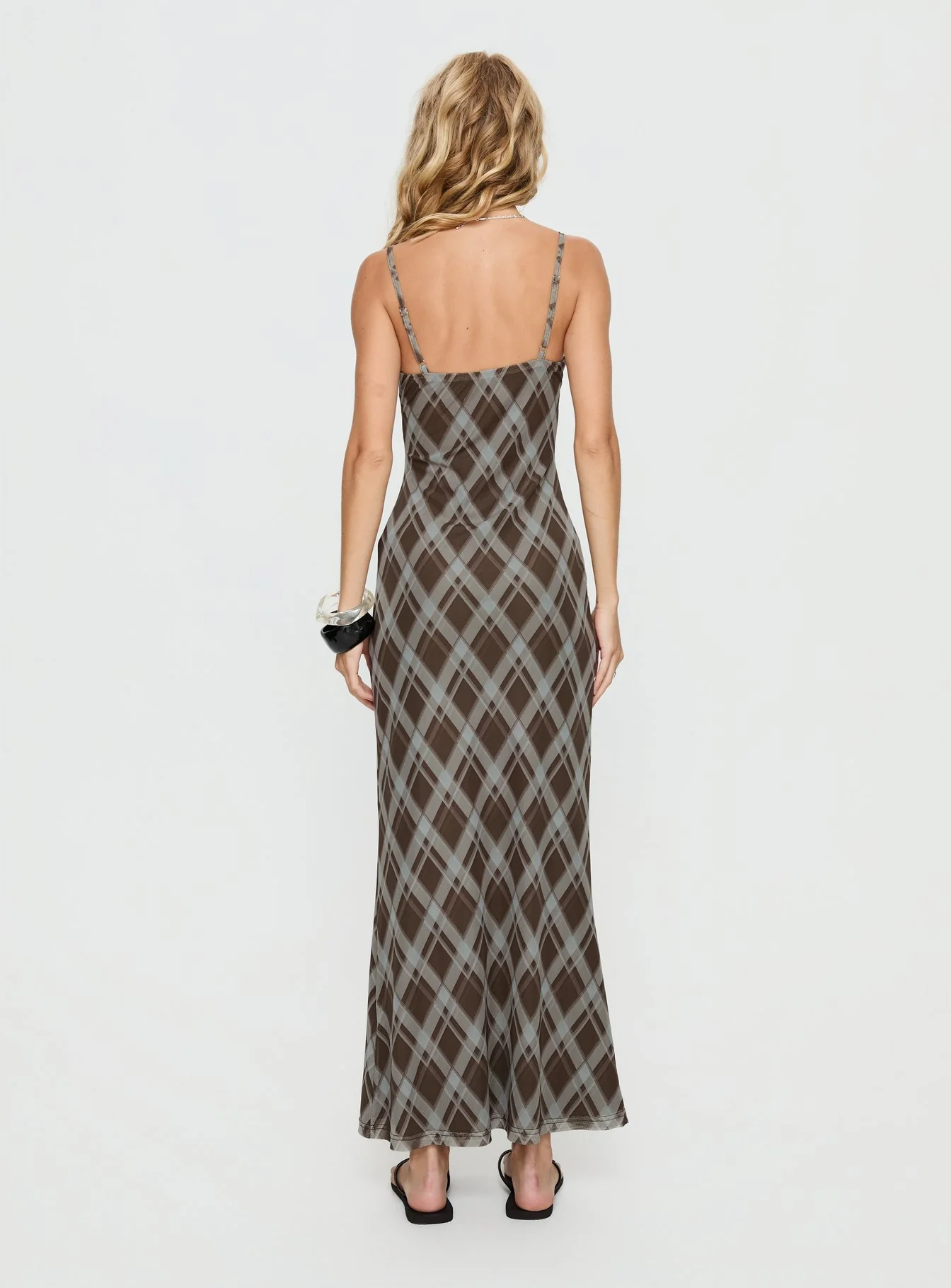 Idaline V Neck Maxi Dress Brown Check - Image 4