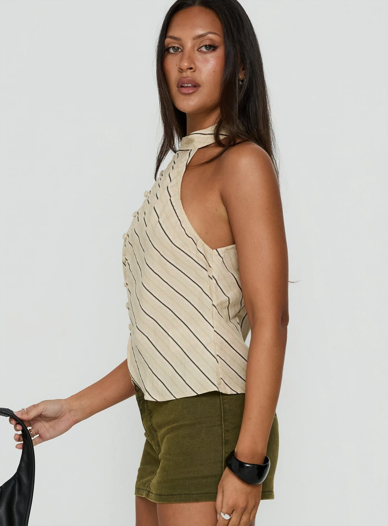 Iggya Button Detail High Neck Top Beige Stripe - Image 4