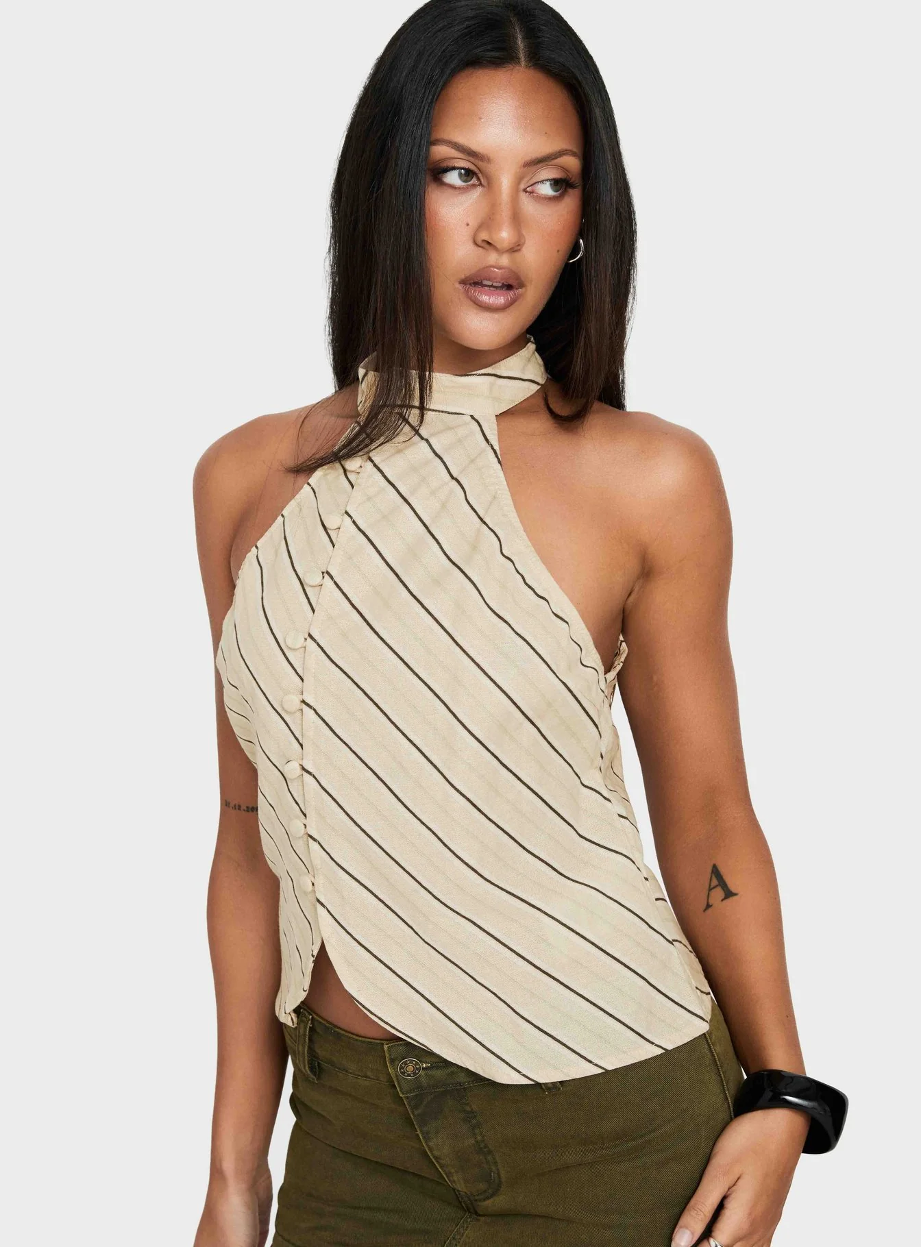 Iggya Button Detail High Neck Top Beige Stripe - Image 8
