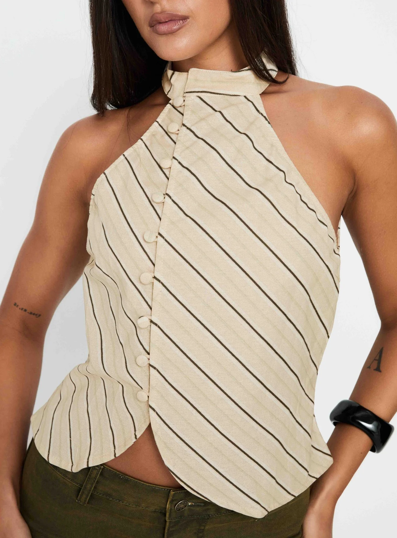 Iggya Button Detail High Neck Top Beige Stripe - Image 9