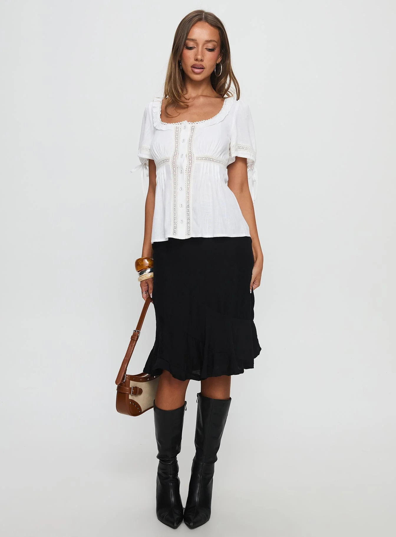 Indianah Pleat Lace Panel Blouse Top White - Image 3