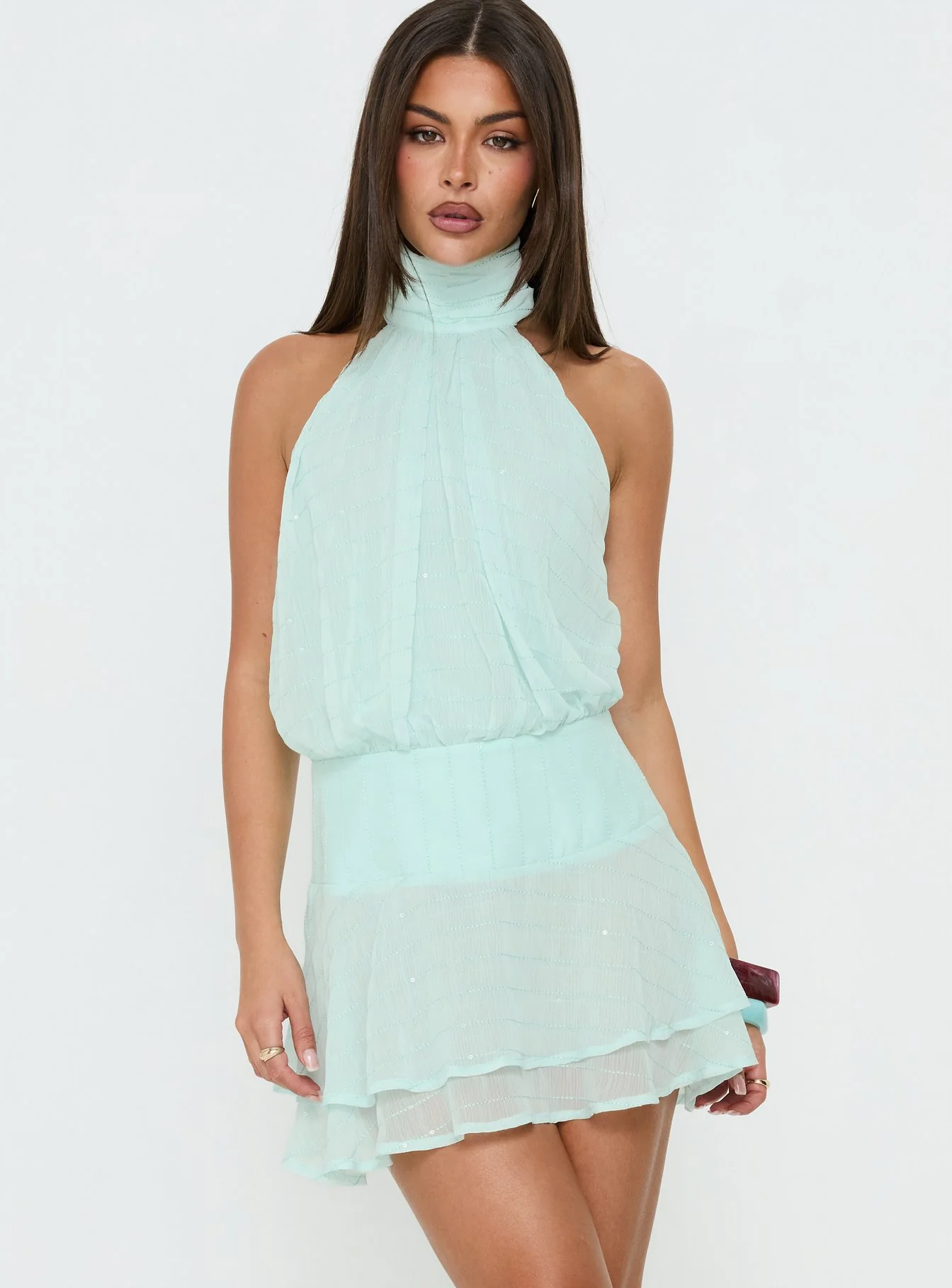 Isamira Halter Pleat Mini Dress Jelly Mint - Image 2