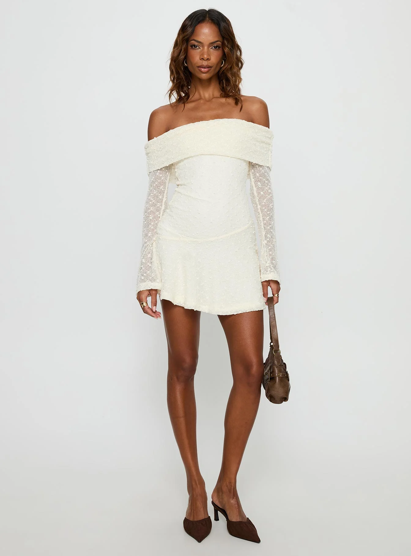 Ivee Off Shoulder Long Sleeve Mini Dress Cream - Image 3