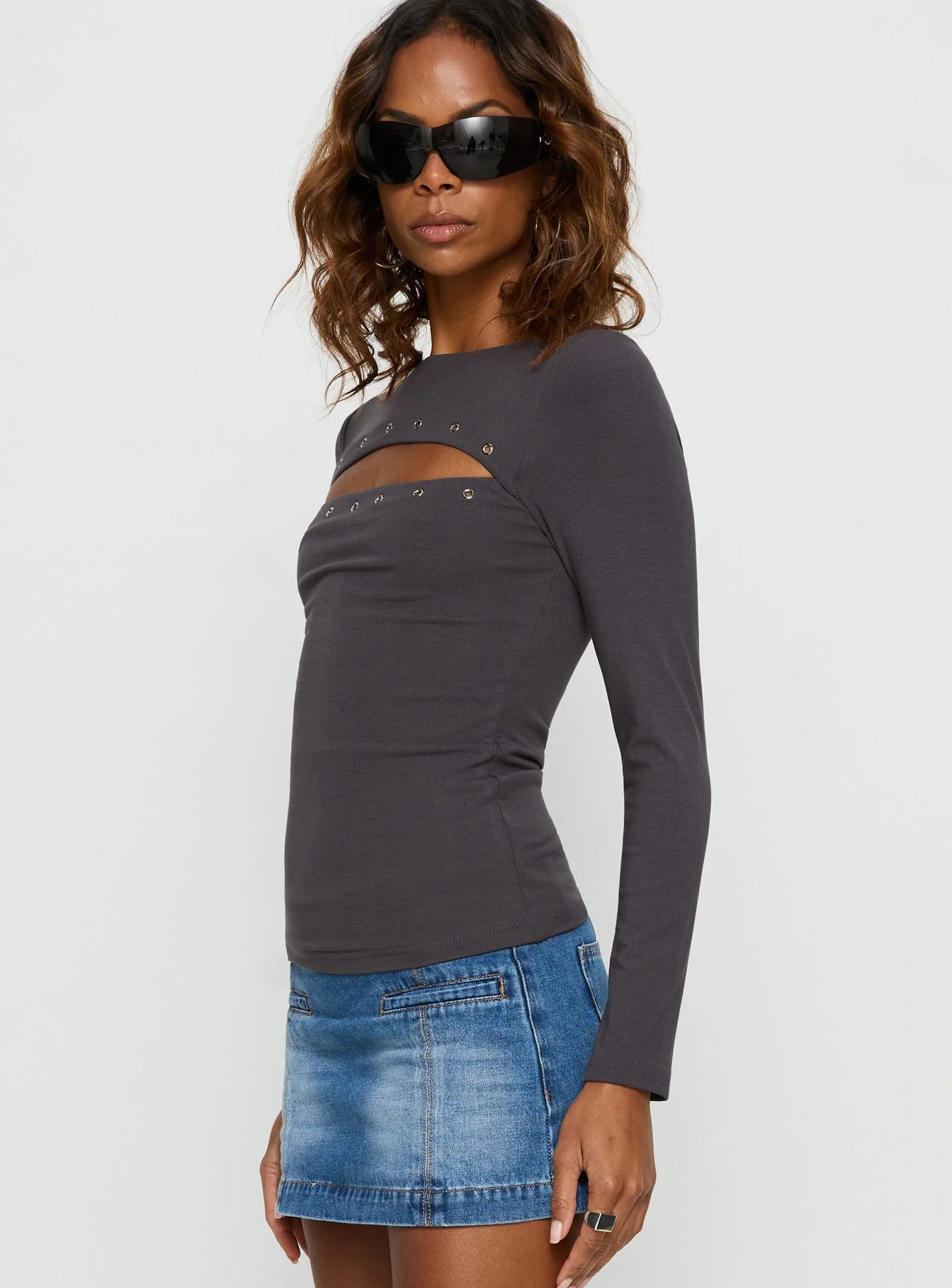 Izetta Eyelet Detail Long Sleeve Top Charcoal - Image 3