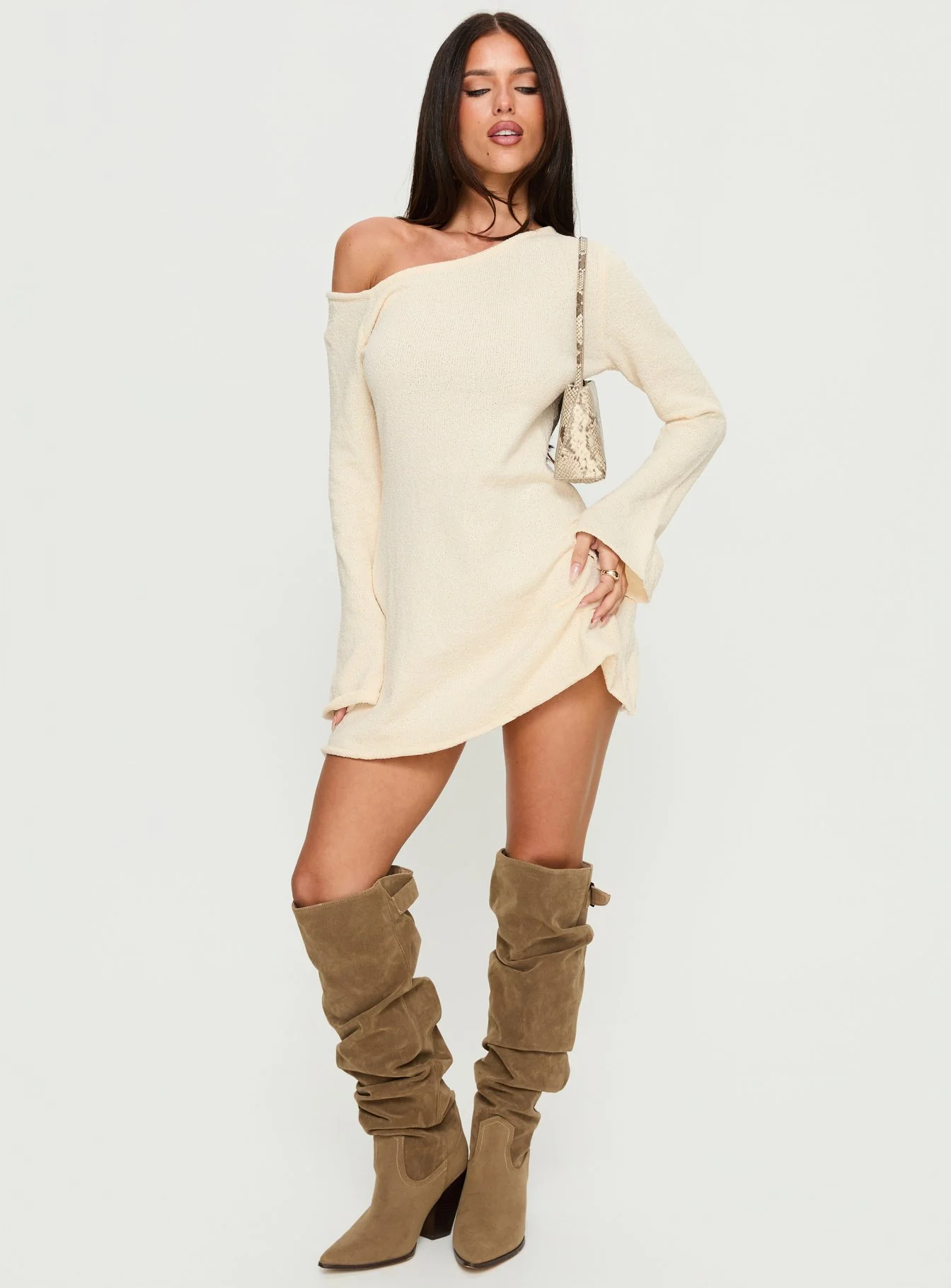 Jaede Off Shoulder Knit Mini Dress Cream - Image 3