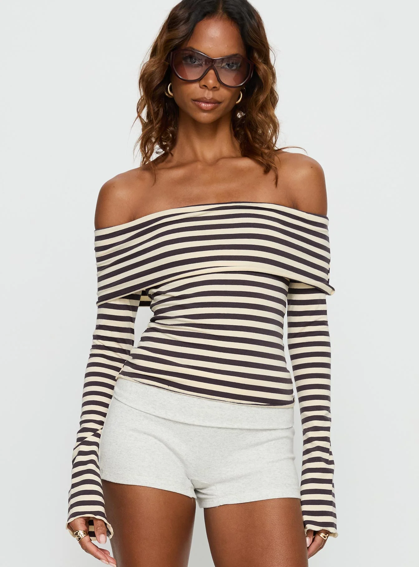 Janicia Off Shoulder Top Charcoal Stripe - Image 2