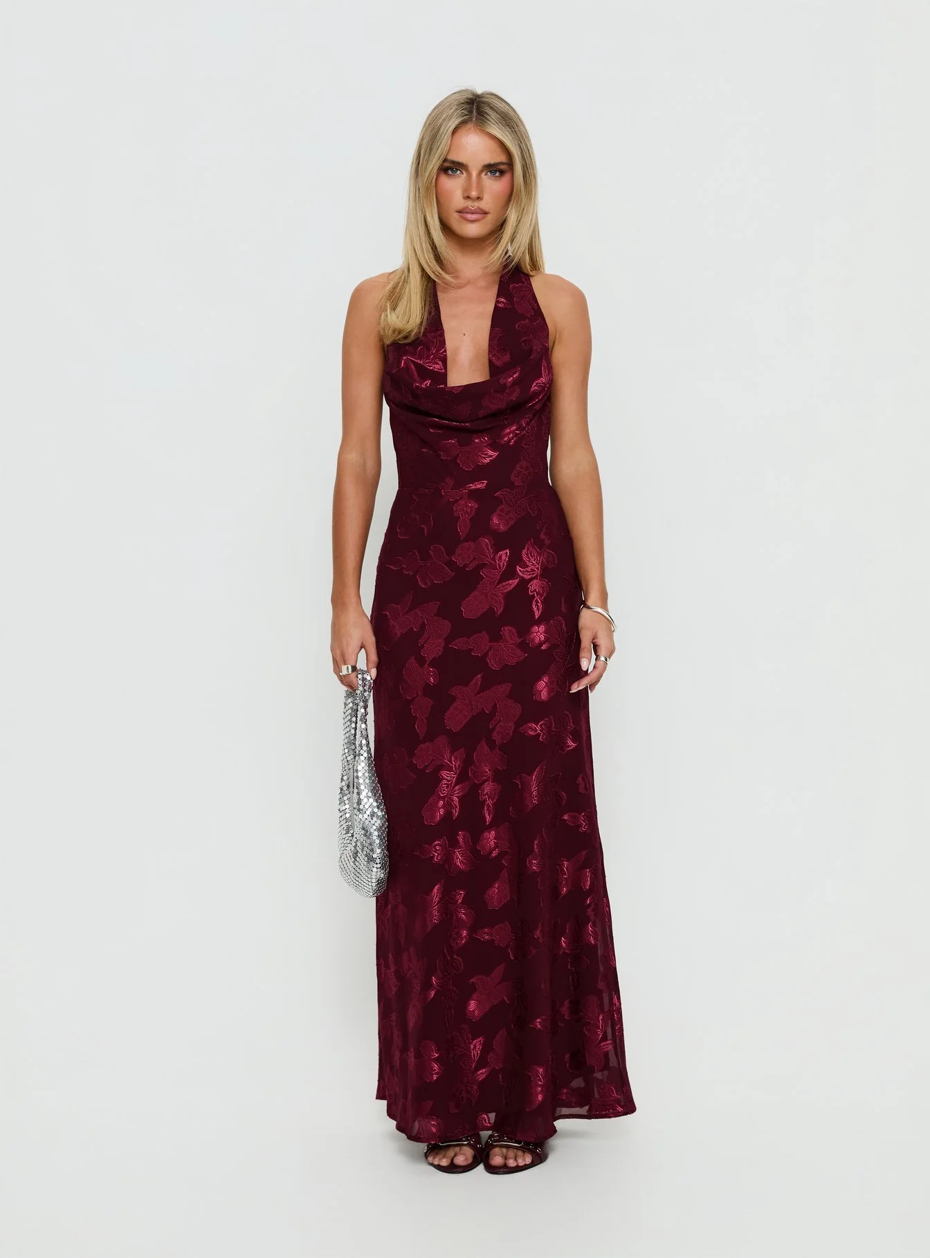 Jazminah Halter Cowl Neck Maxi Dress Burgundy - Image 6