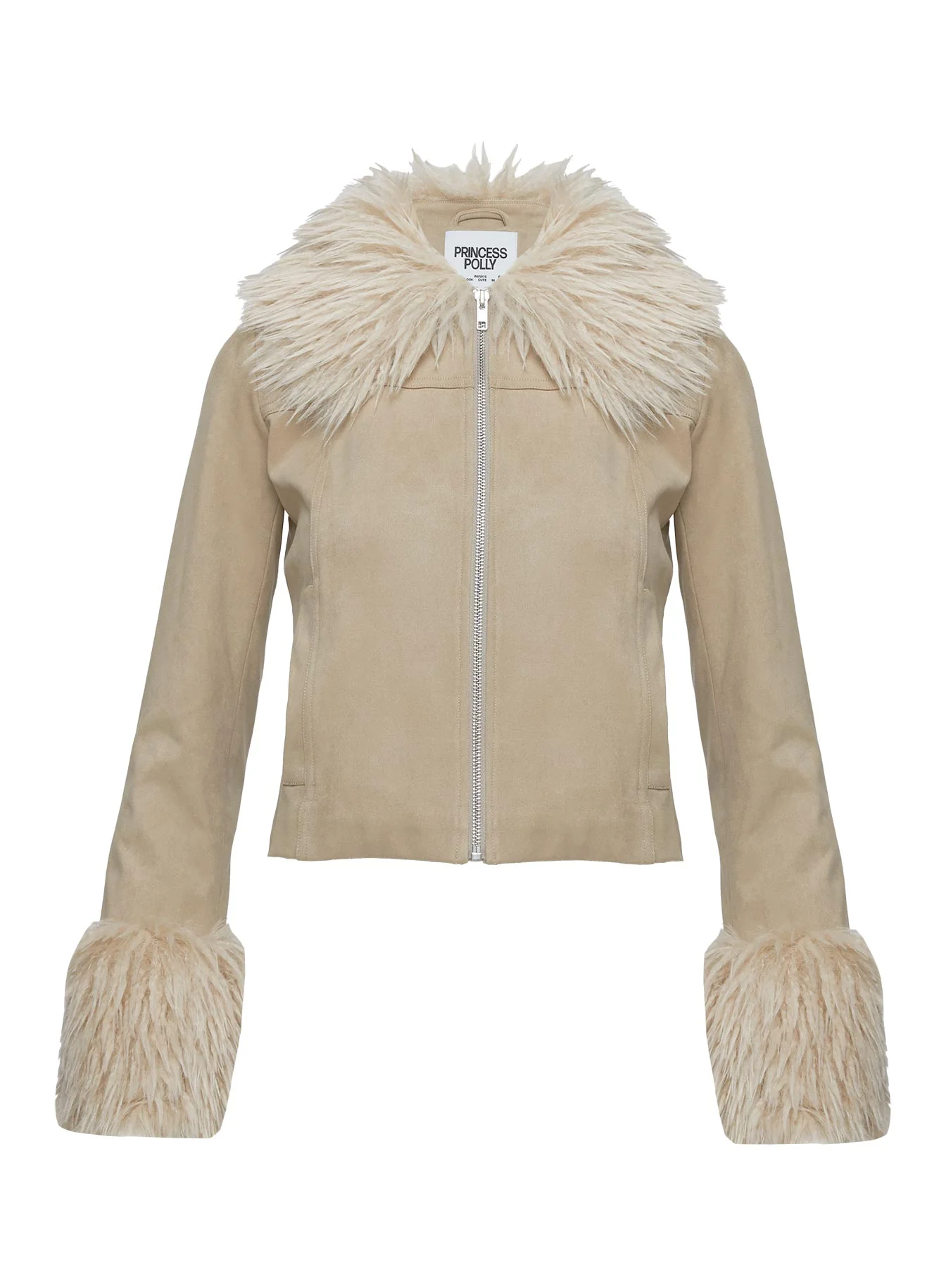 Jeanna Suede Faux Fur Detail Jacket Beige - Image 9