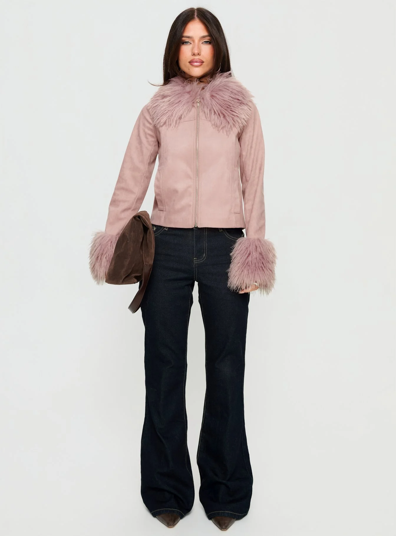 Jeanna Suede Faux Fur Detail Jacket Pink - Image 7