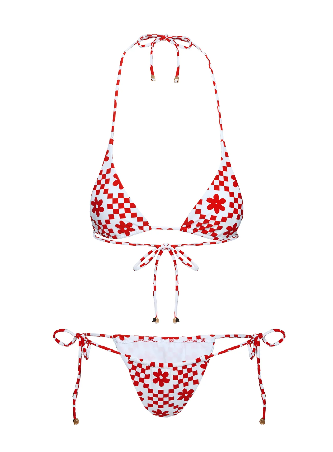 Jenner Tie Side Ruched Bikini Bottom Red Check - Image 5