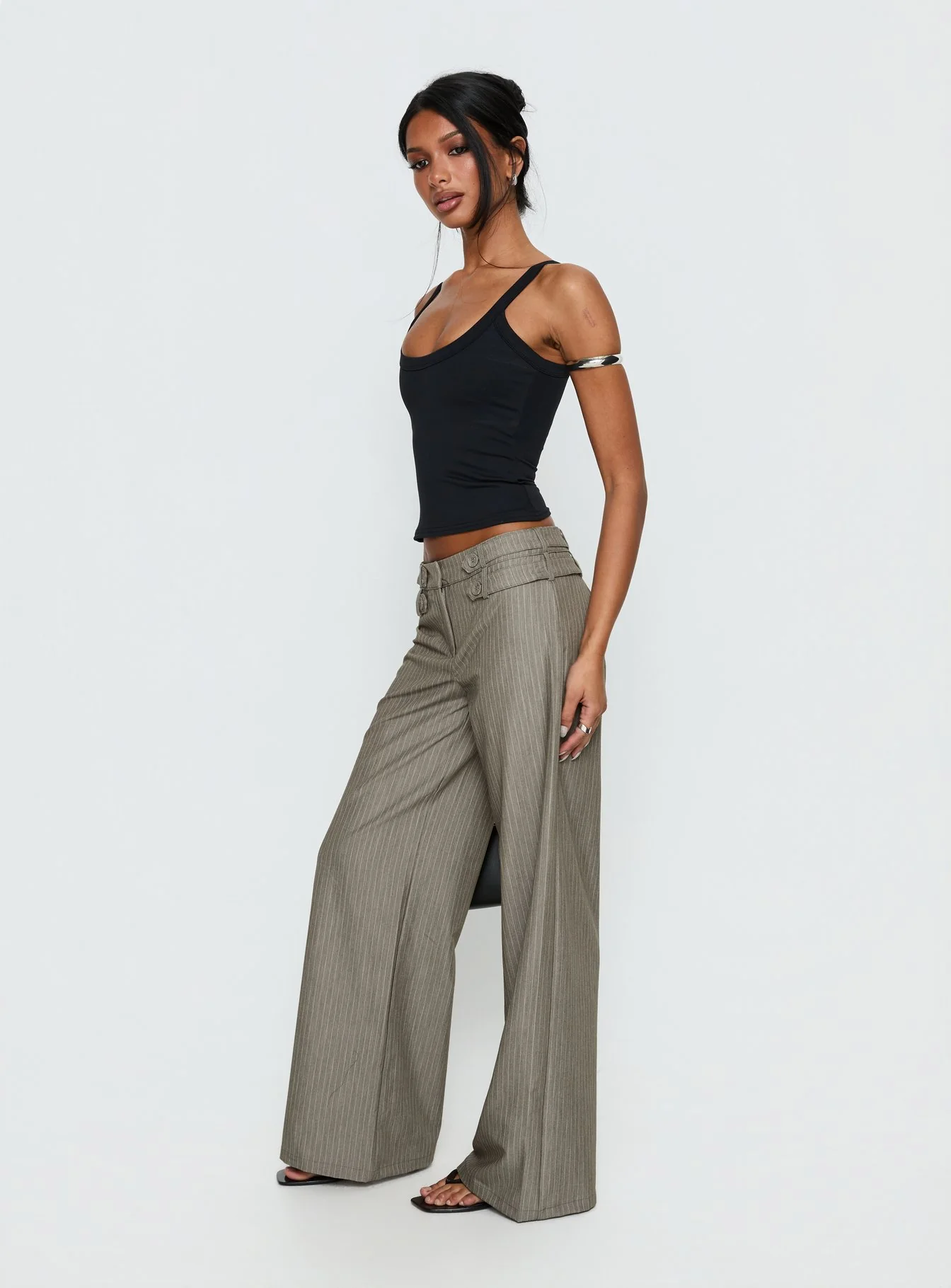 Jette Tailored Buckle Pant Taupe Pinstripe - Image 4
