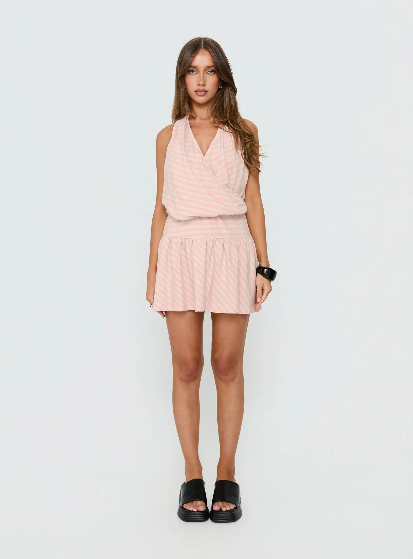 Joelie Halter Draped Mini Dress Pink / Grey Stripe - Image 7