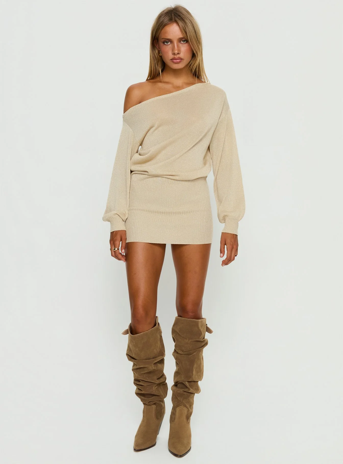 Johannah Off Shoulder Long Sleeve Knit Mini Dress Gold - Image 3