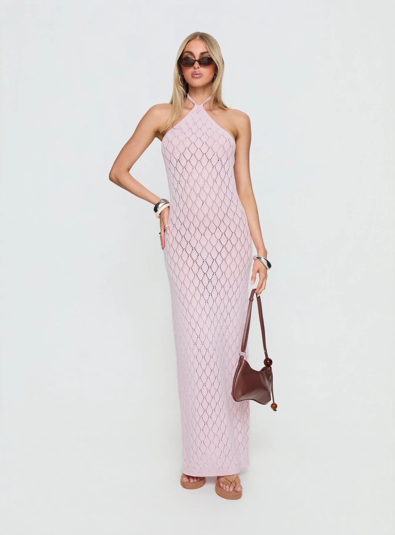 Jorda Halter Crochet Maxi Dress Pink - Image 2