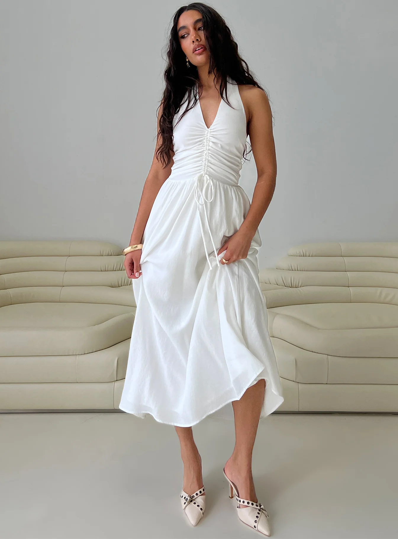 Jozefine Halter Ruched Maxi Dress White - Image 8