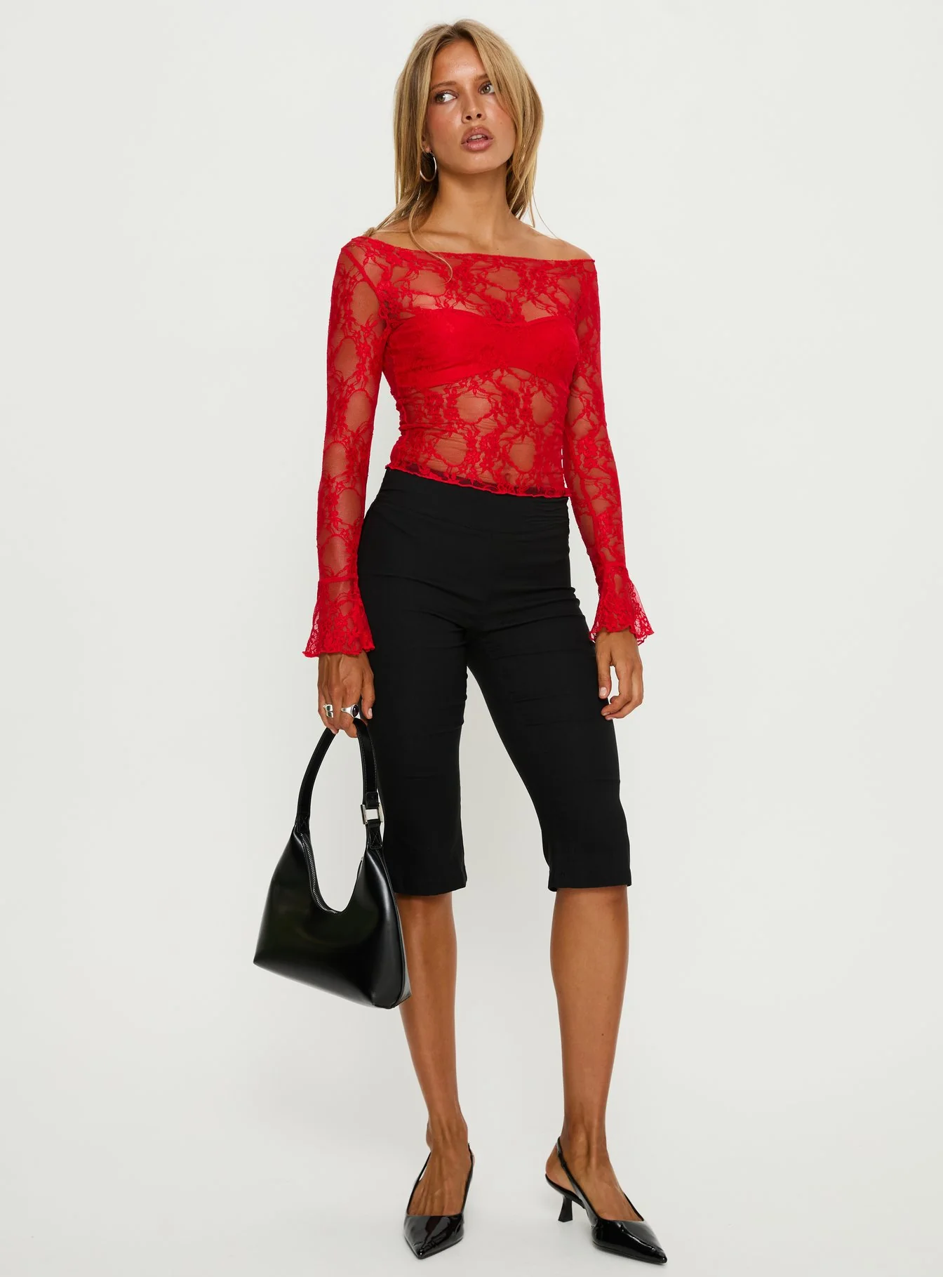 Junah Sheer Lace Long Sleeve Top Red - Image 2
