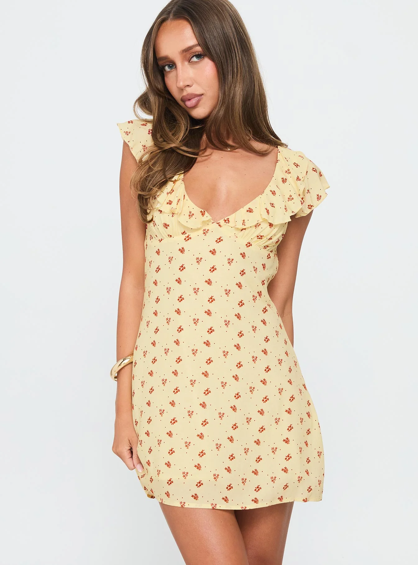 Just Me And You Frill Mini Dress Yellow Floral - Image 2