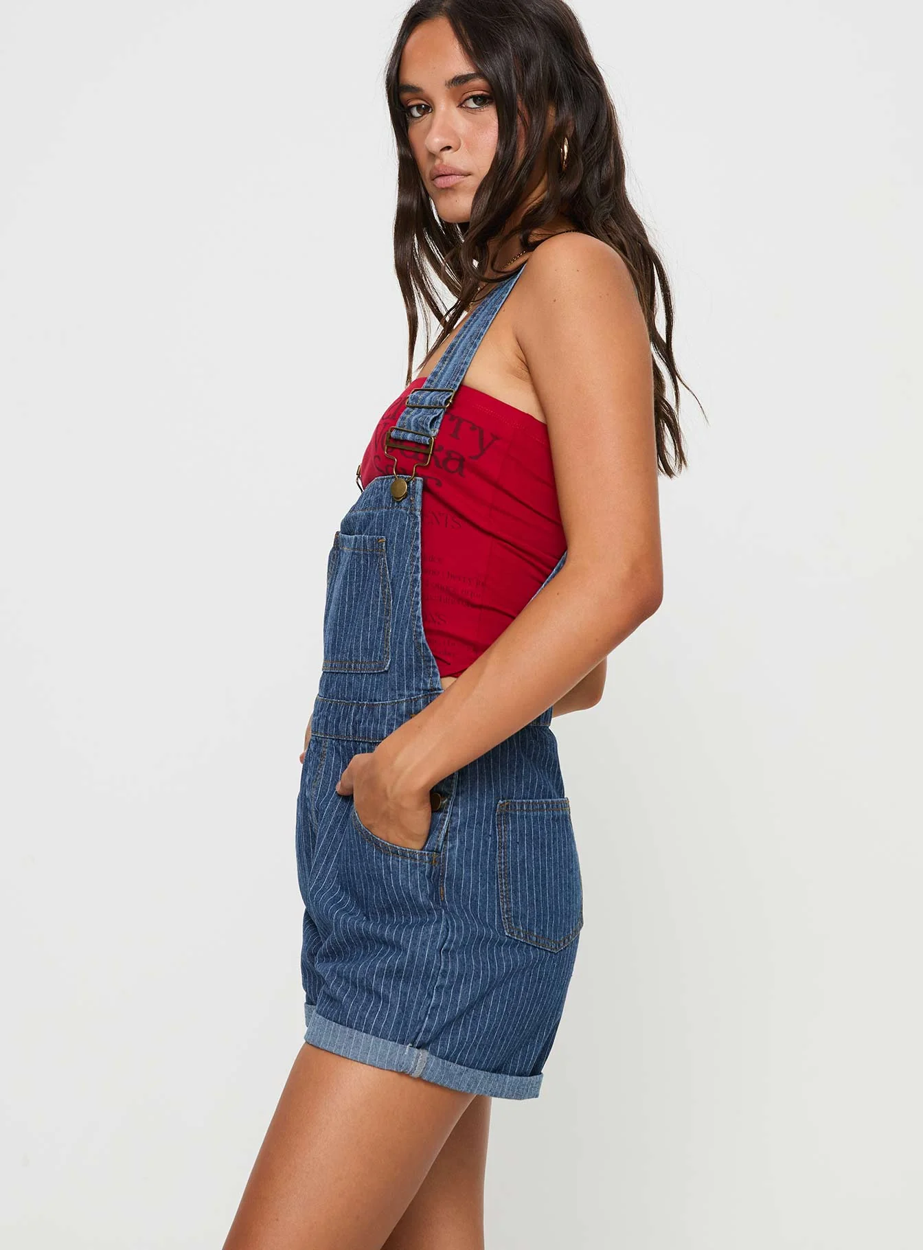 Kacey Short Overalls Mid Blue Pinstripe - Image 4