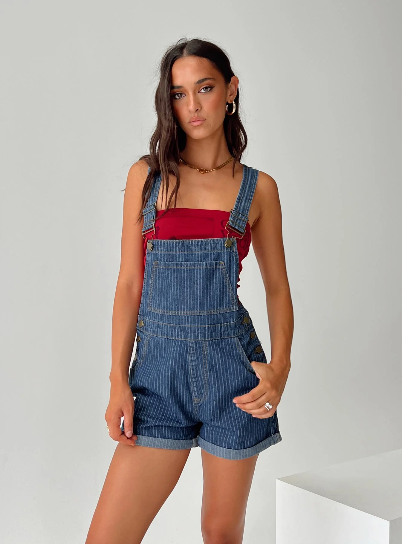 Kacey Short Overalls Mid Blue Pinstripe - Image 7