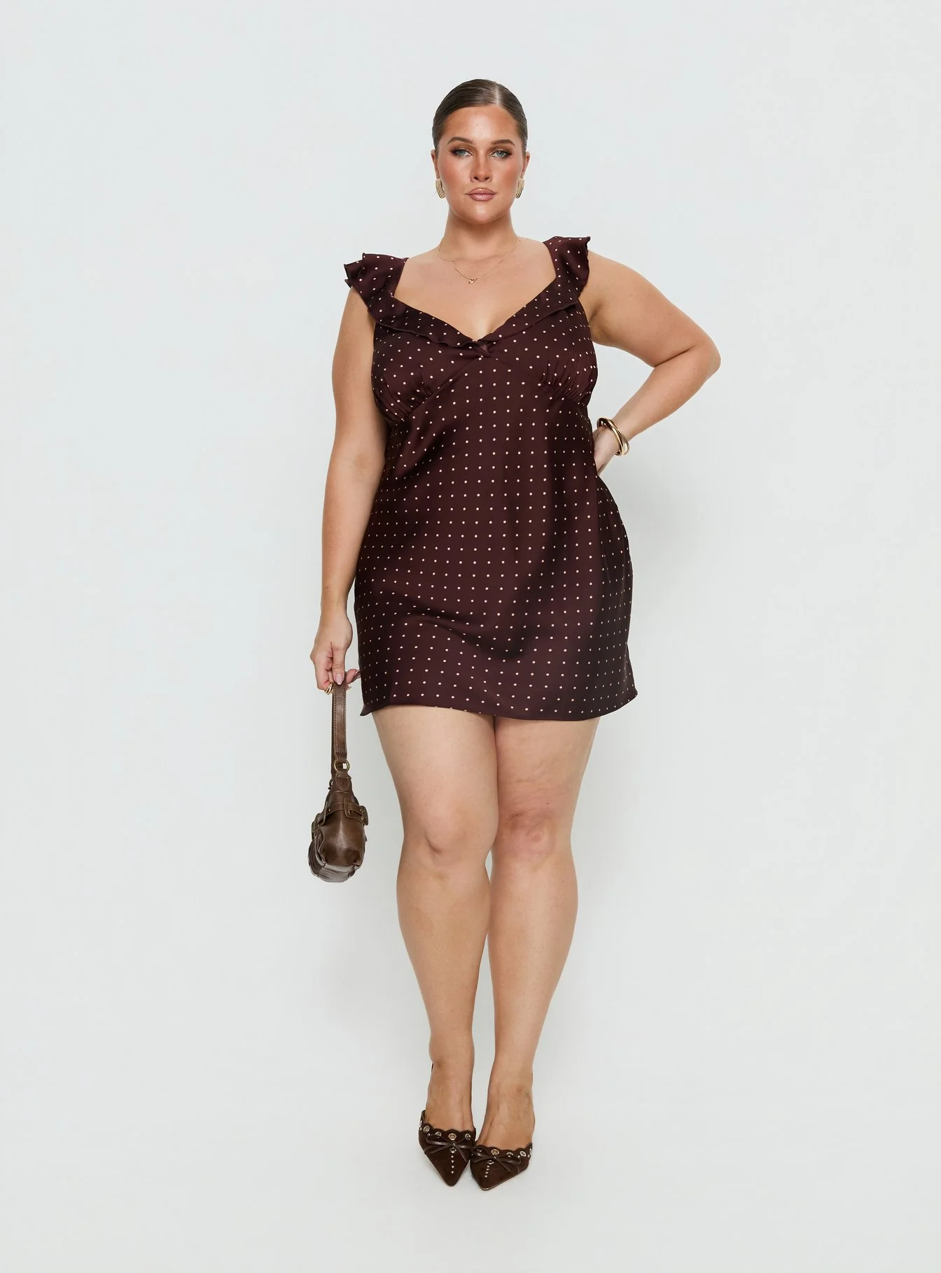 Kamillah Frill Mini Dress Burgundy Polka Dot Curve - Image 2