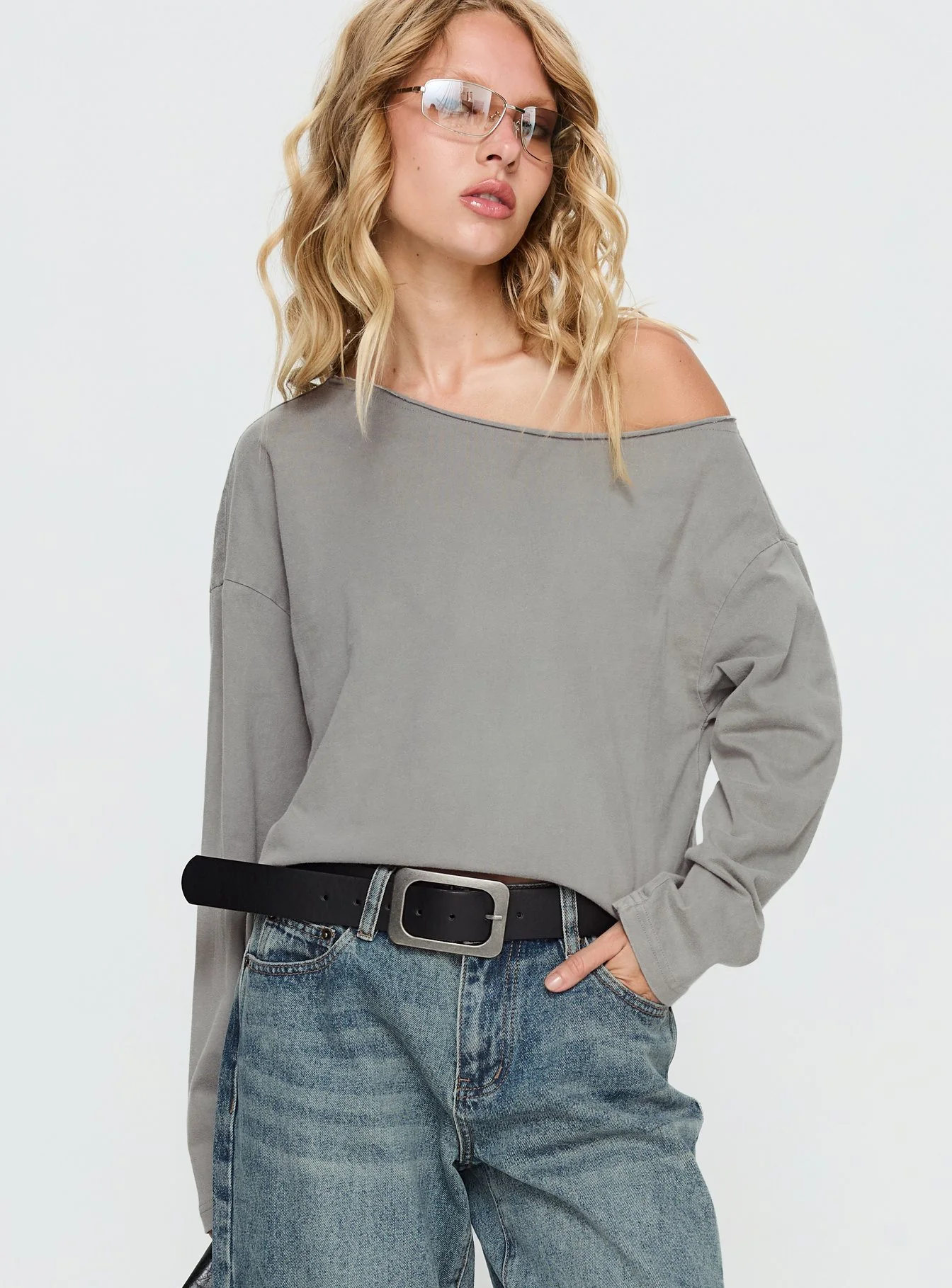 Karlyn Off Shoulder Long Sleeve Top Grey - Image 2