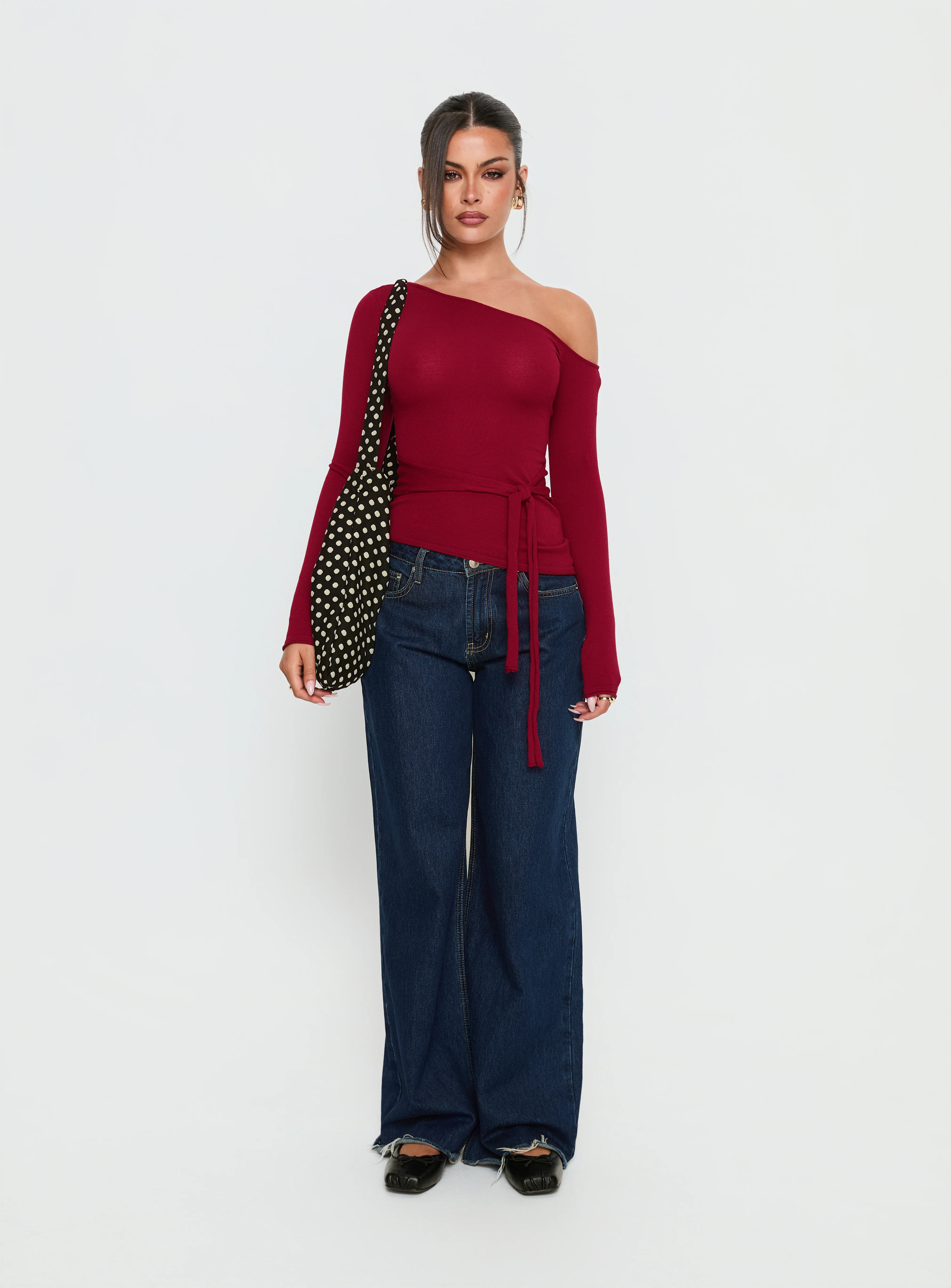 Kastor One Shoulder Long Sleeve Top Burgundy - Image 6