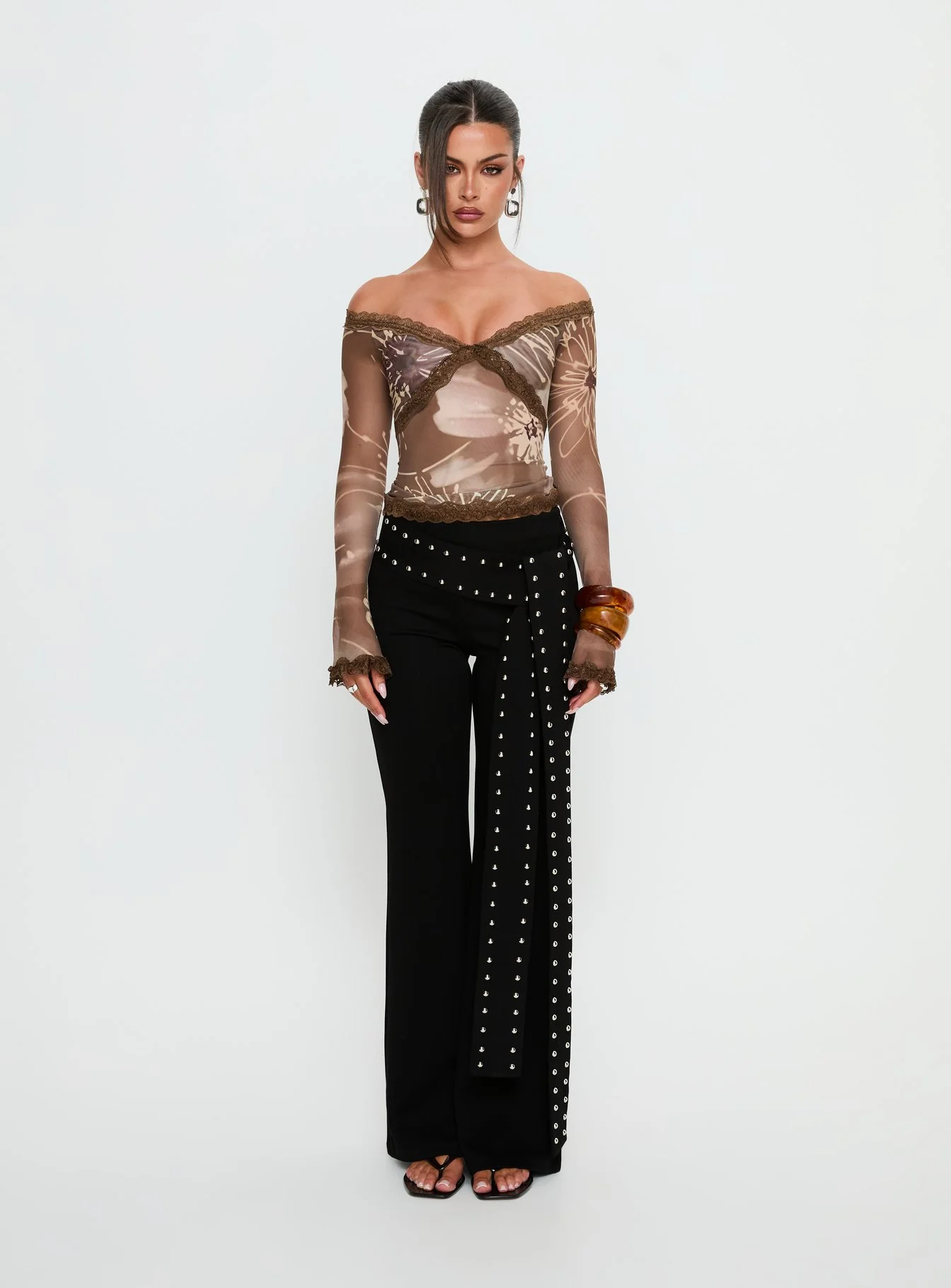 Katlyne Long Sleeve Lace Trim Top Brown Floral - Image 7
