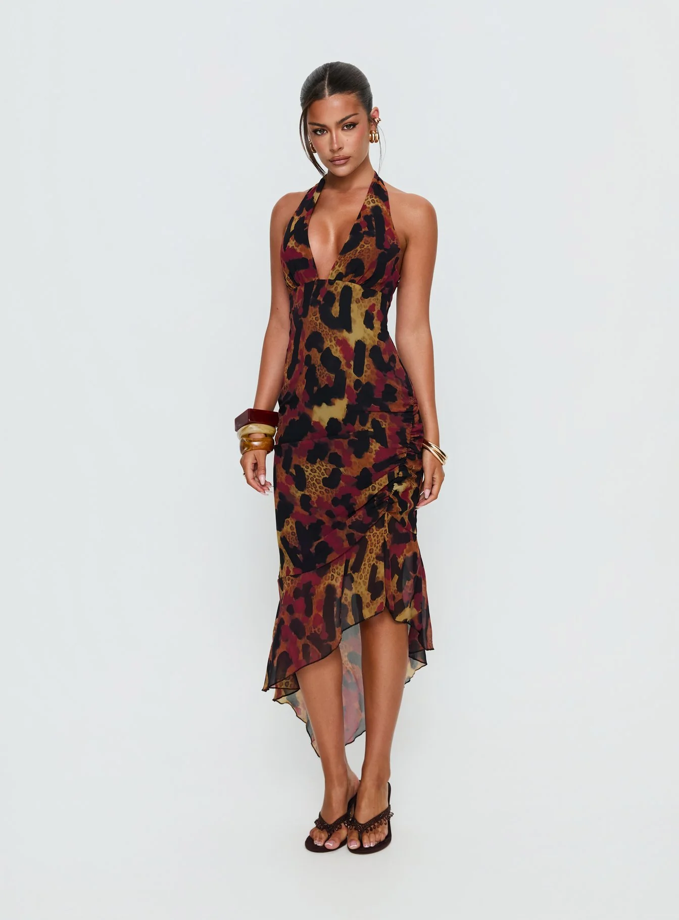 Katriona Halter Asymmetrical Maxi Dress Leopard Multi - Image 2