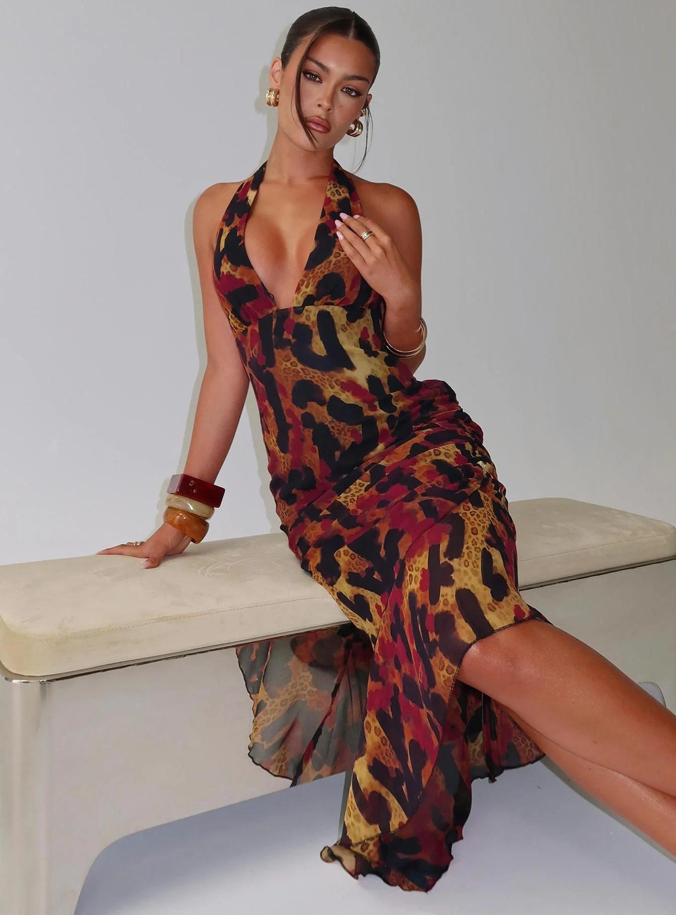 Katriona Halter Asymmetrical Maxi Dress Leopard Multi - Image 8