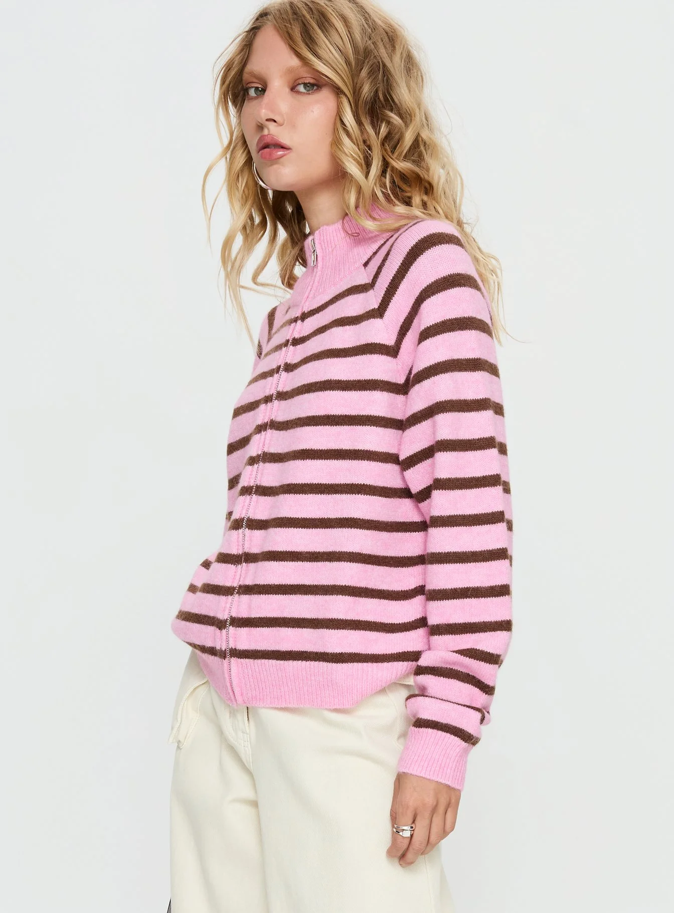 Kaylei Zip Through Cardigan Pink Stripe - Image 4