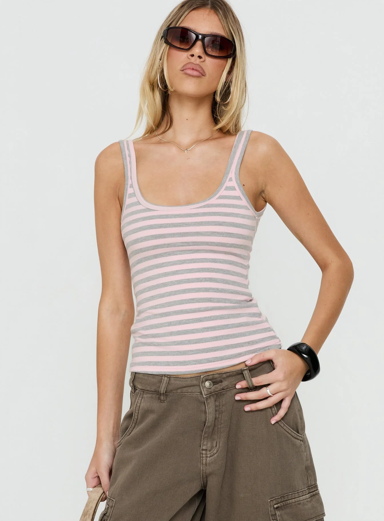 Keep It Light Low Back Tank Top Pink / Grey Stripe - Image 2