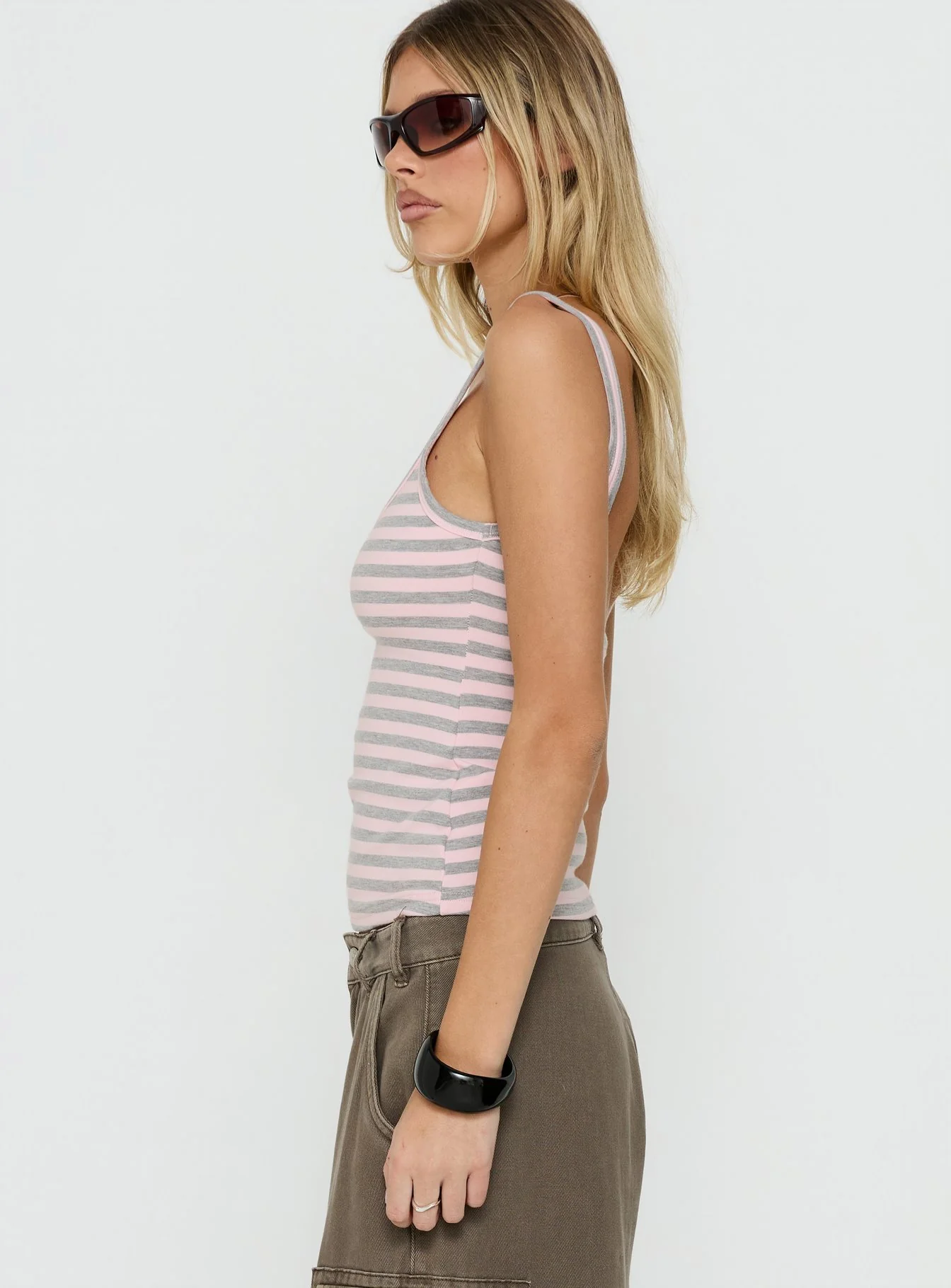 Keep It Light Low Back Tank Top Pink / Grey Stripe - Image 4