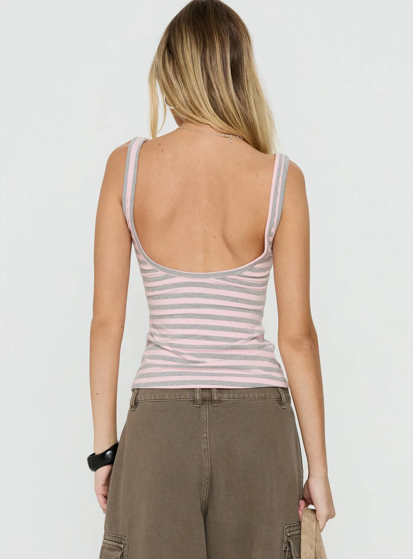Keep It Light Low Back Tank Top Pink / Grey Stripe - Image 5
