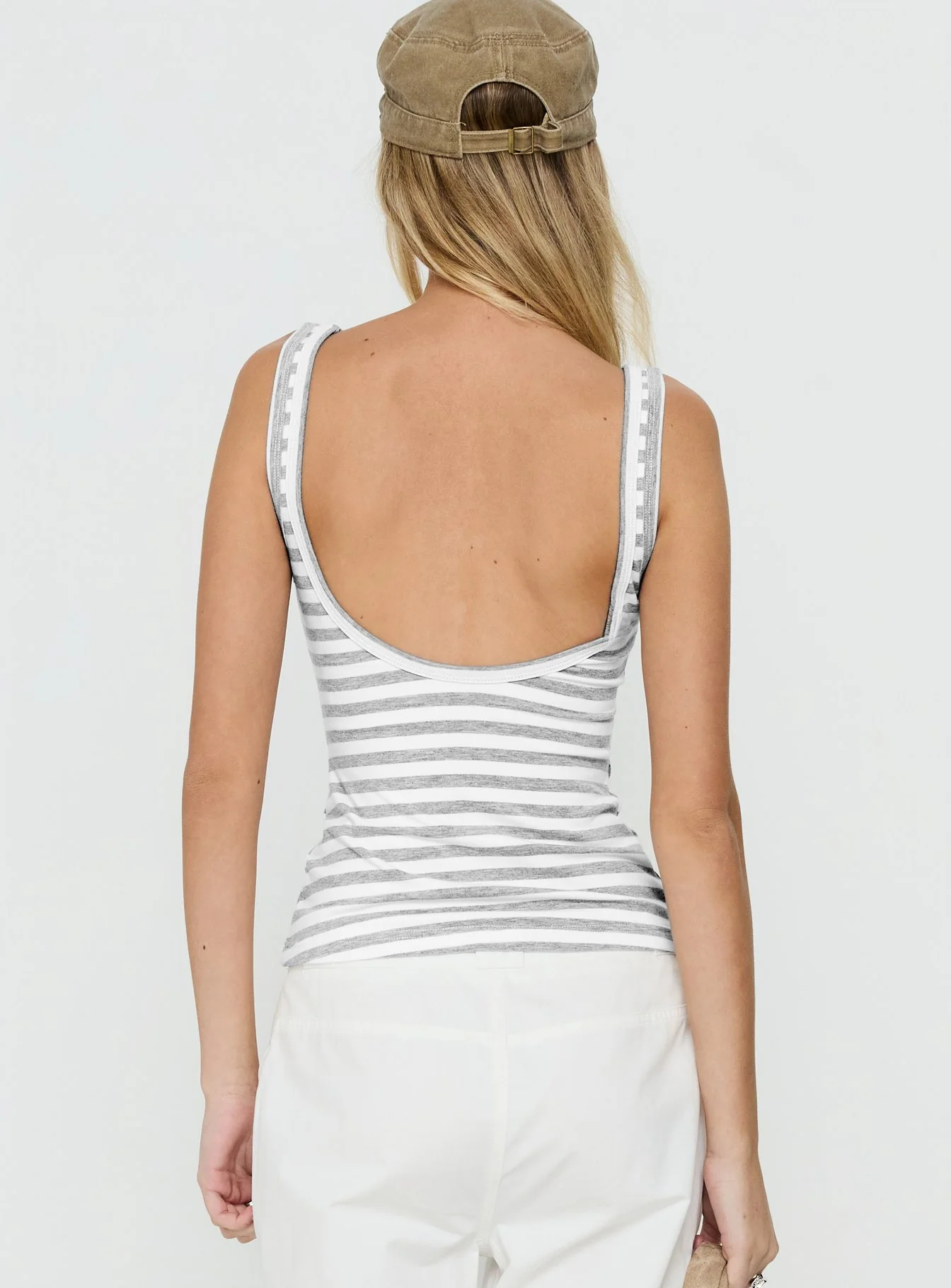 Keep It Light Low Back Tank Top White / Grey Stripe - Image 5