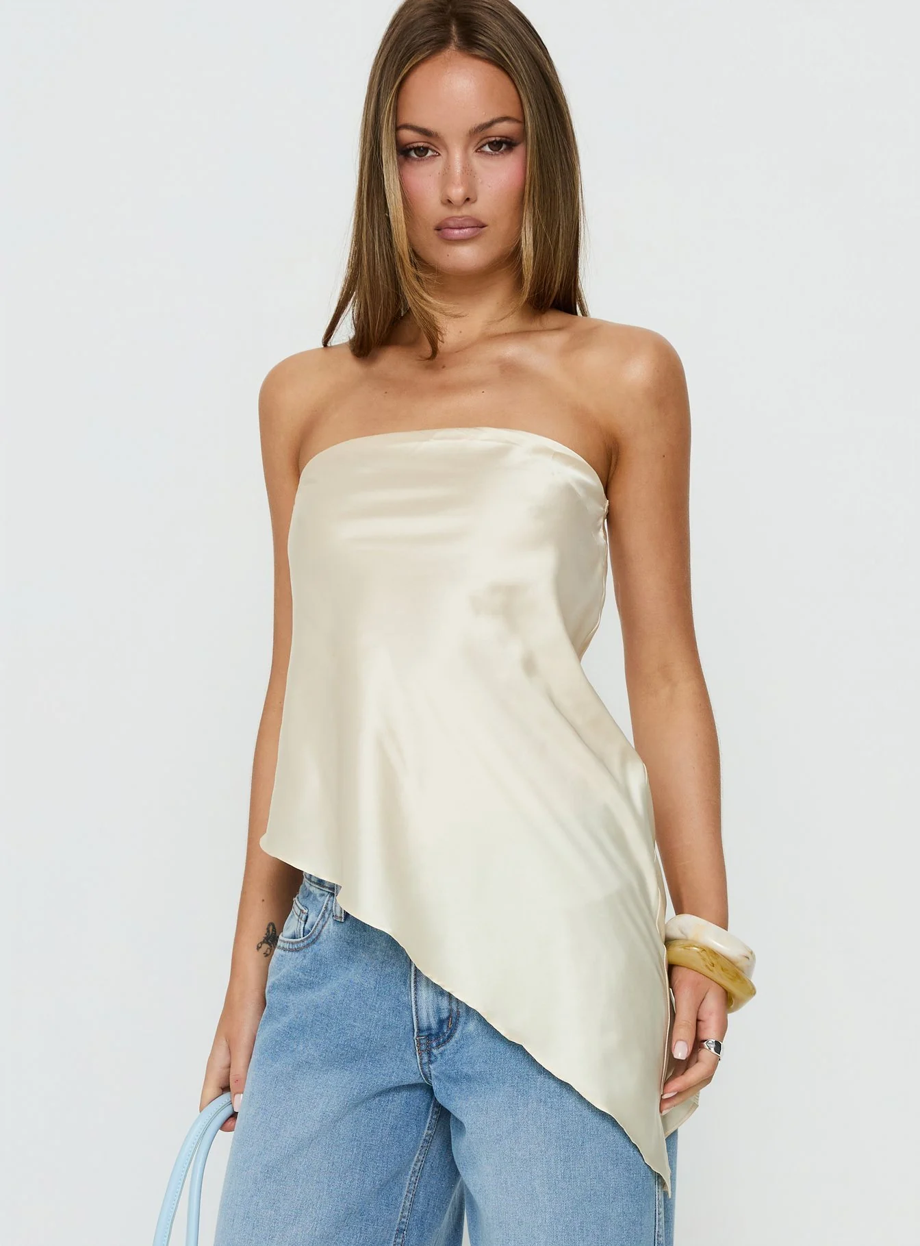 Keevah Strapless Satin Asymmetrical Top Lemon - Image 2