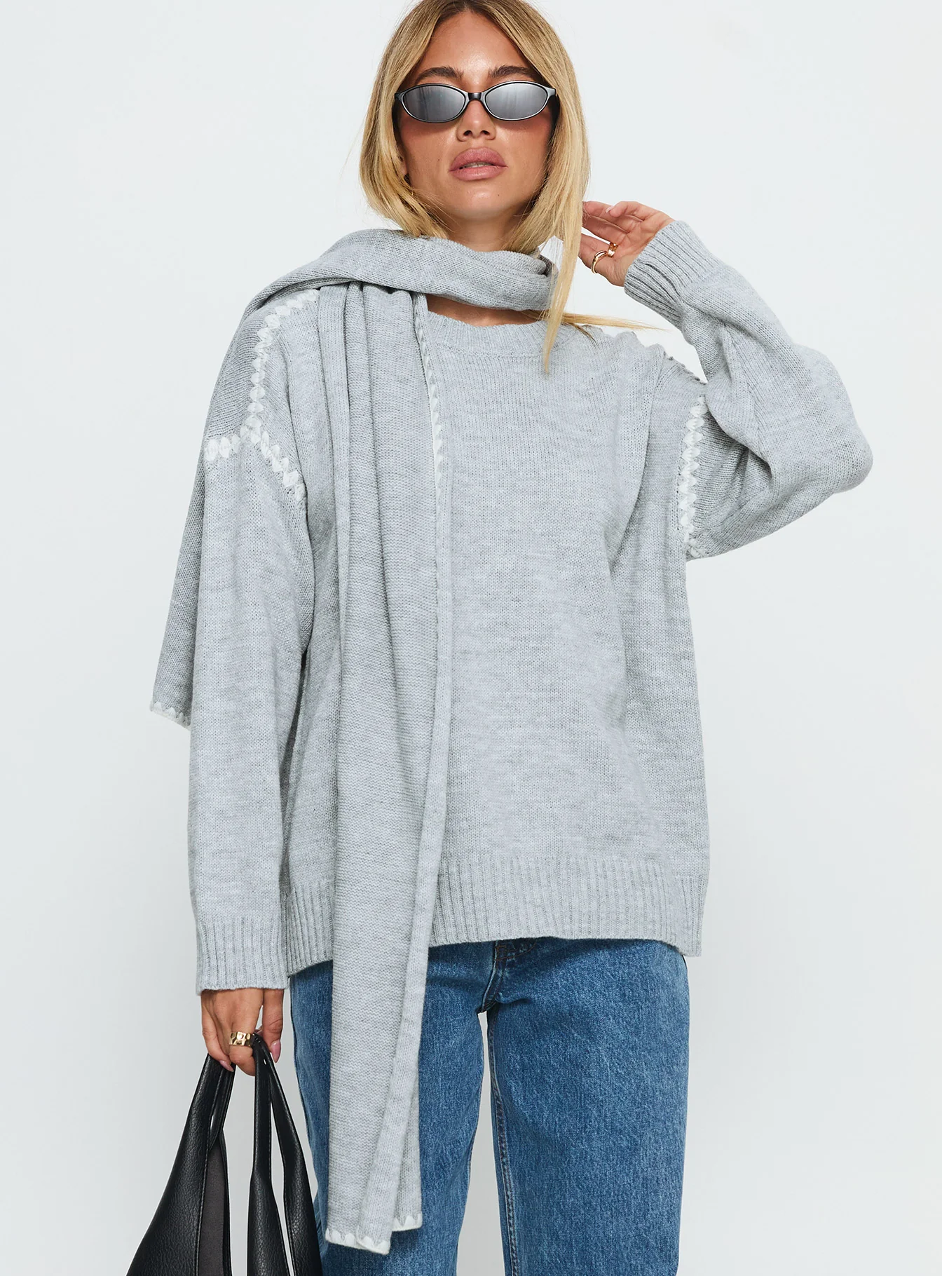 Keriana Contrast Stitch Knit Sweater Grey / White - Image 2