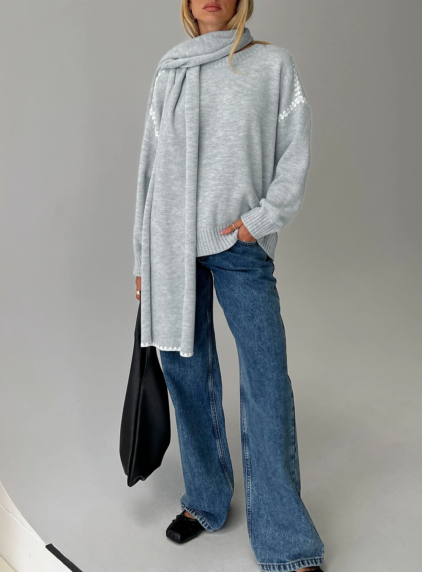Keriana Contrast Stitch Knit Sweater Grey / White - Image 8
