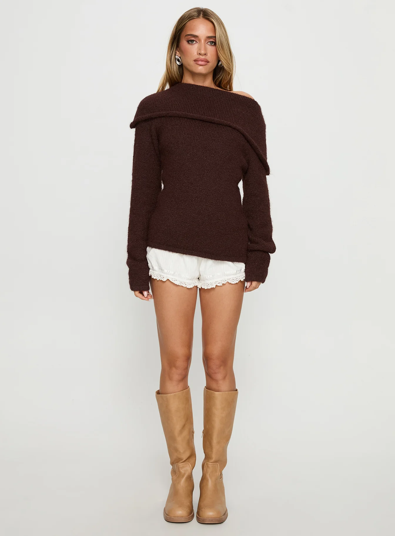 Kinslea Off Shoulder Knit Sweater Brown - Image 7