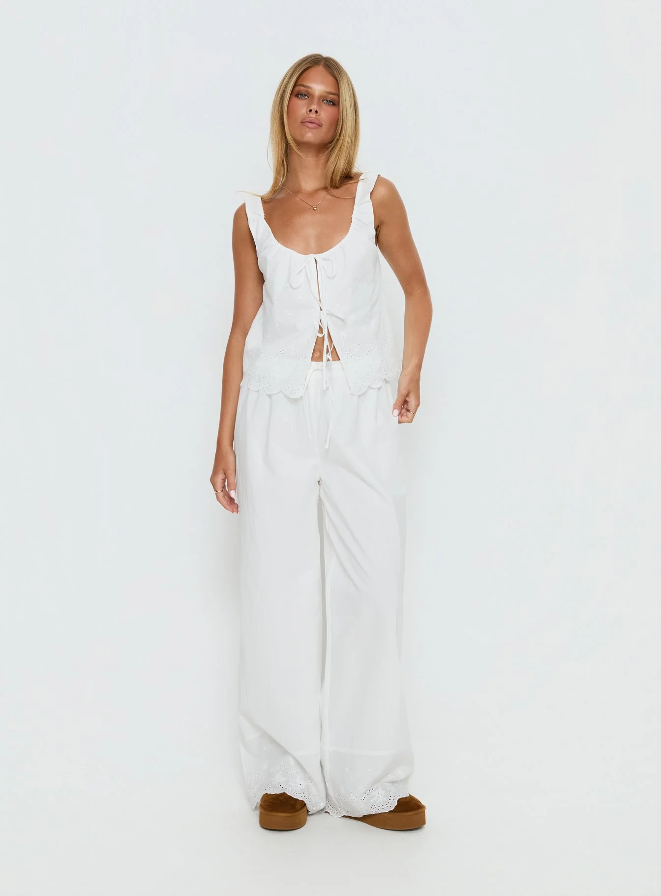 Kissed Chaos Broderie Anglais Tie Waist Pants White - Image 3