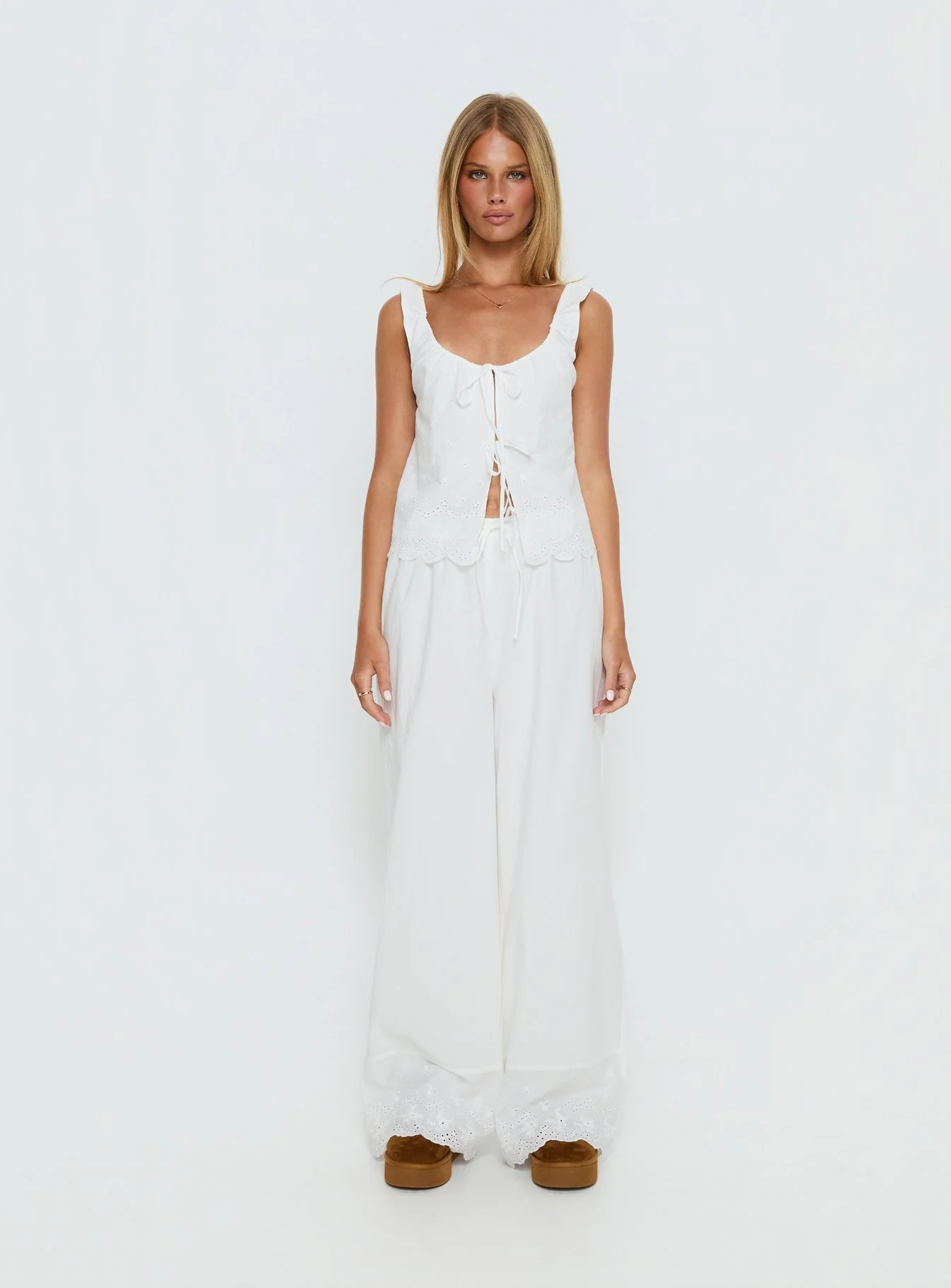 Kissed Chaos Broderie Anglais Tie Waist Pants White - Image 8