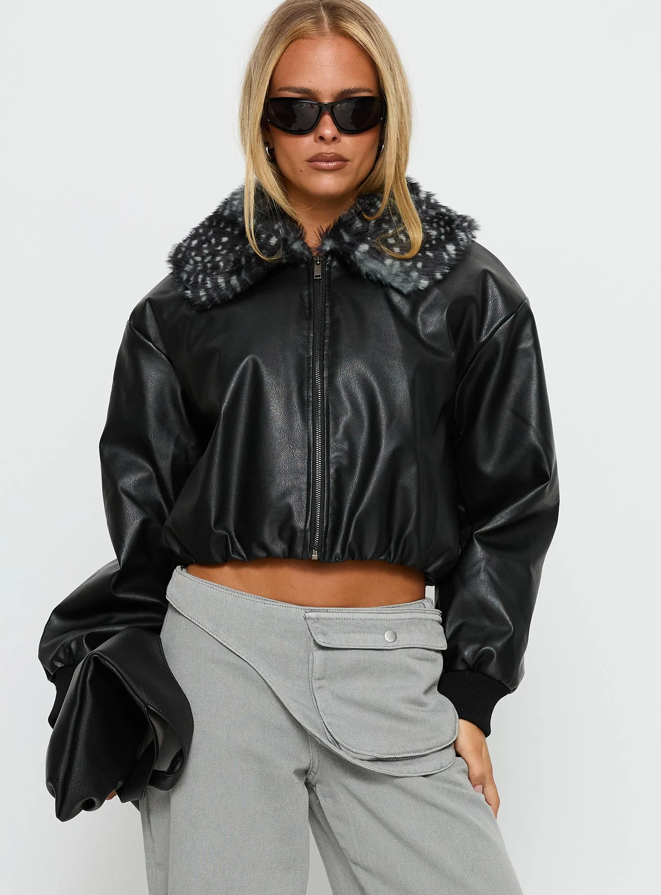 Koemi Faux Leather Collared Jacket Black - Image 2
