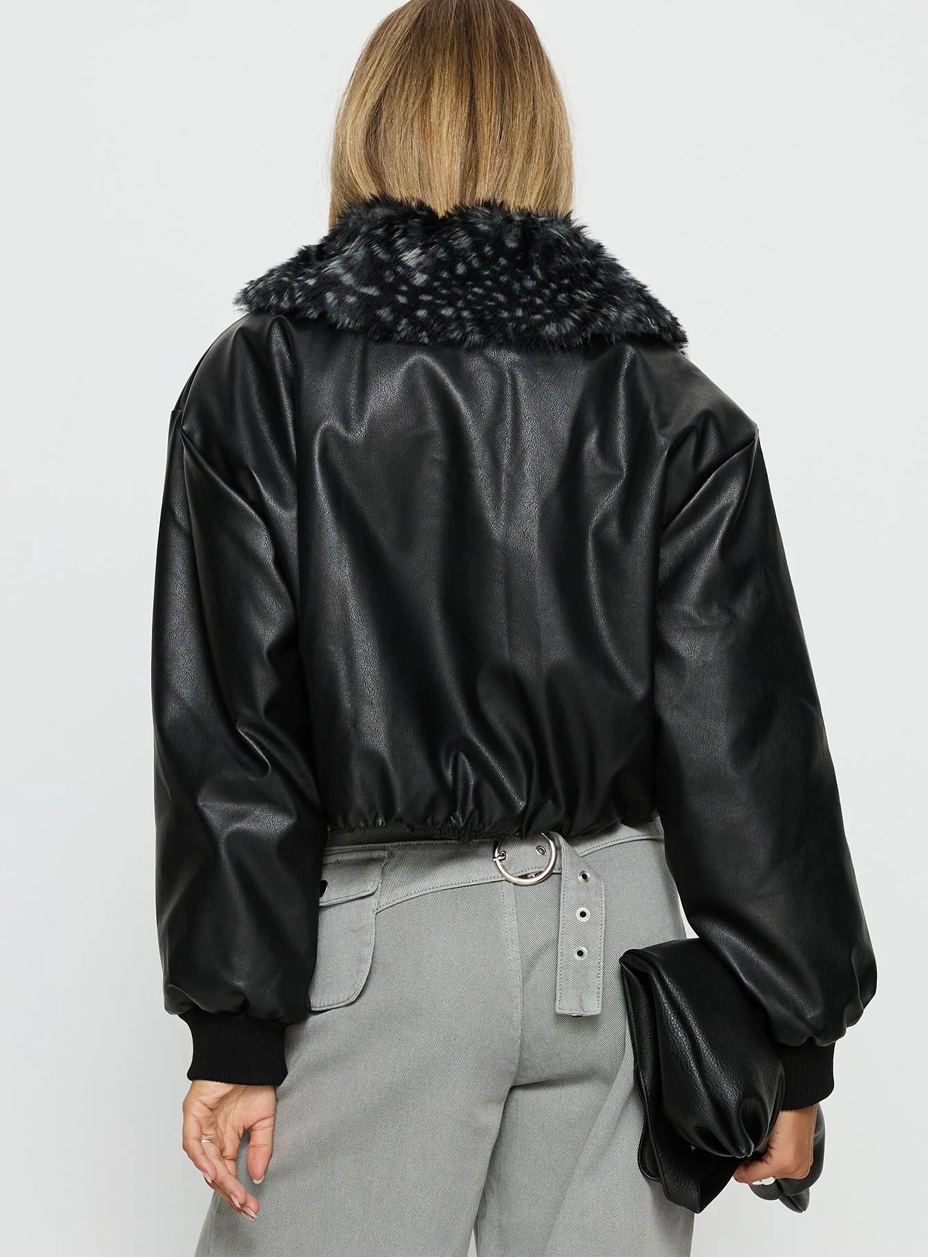 Koemi Faux Leather Collared Jacket Black - Image 5