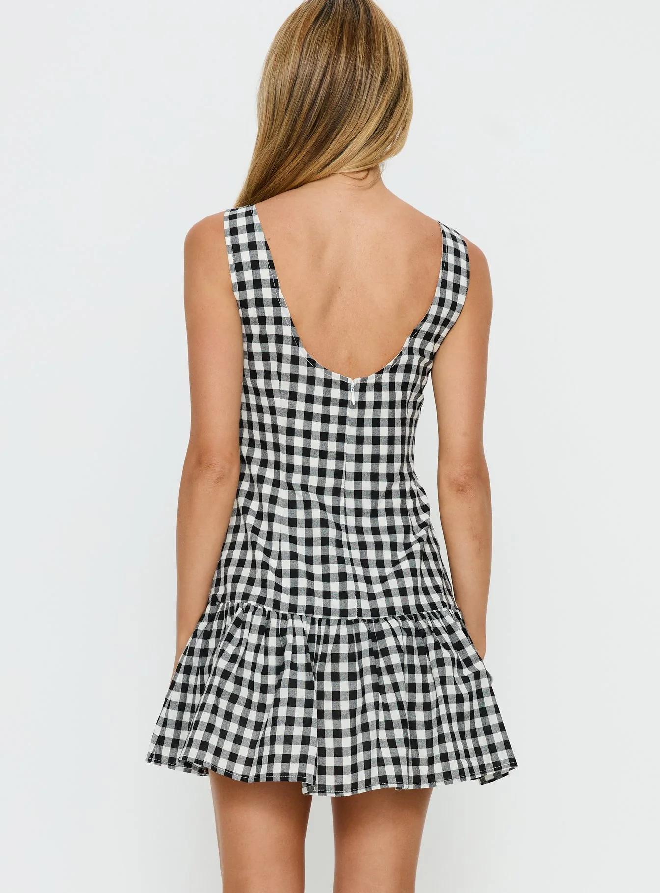 Kolbie Boat Neck Frill Mini Dress Black / White Check - Image 3