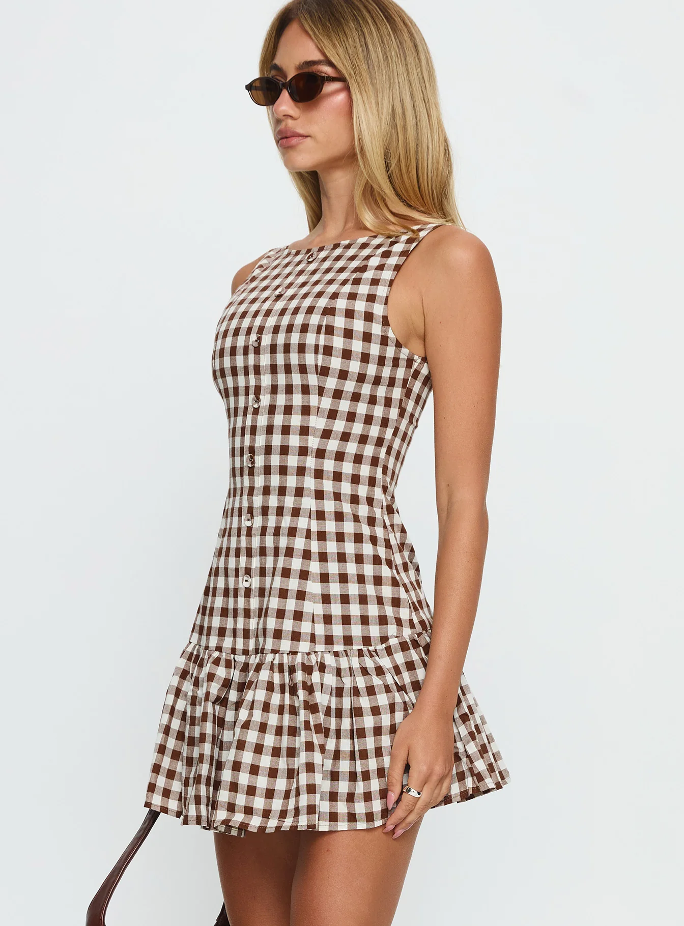 Kolbie Boat Neck Frill Mini Dress Brown Gingham - Image 3