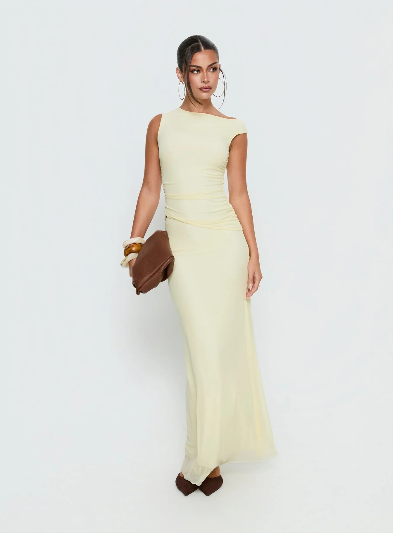 Krystyna Off Shoulder Ruched Mesh Maxi Dress Butter - Image 3