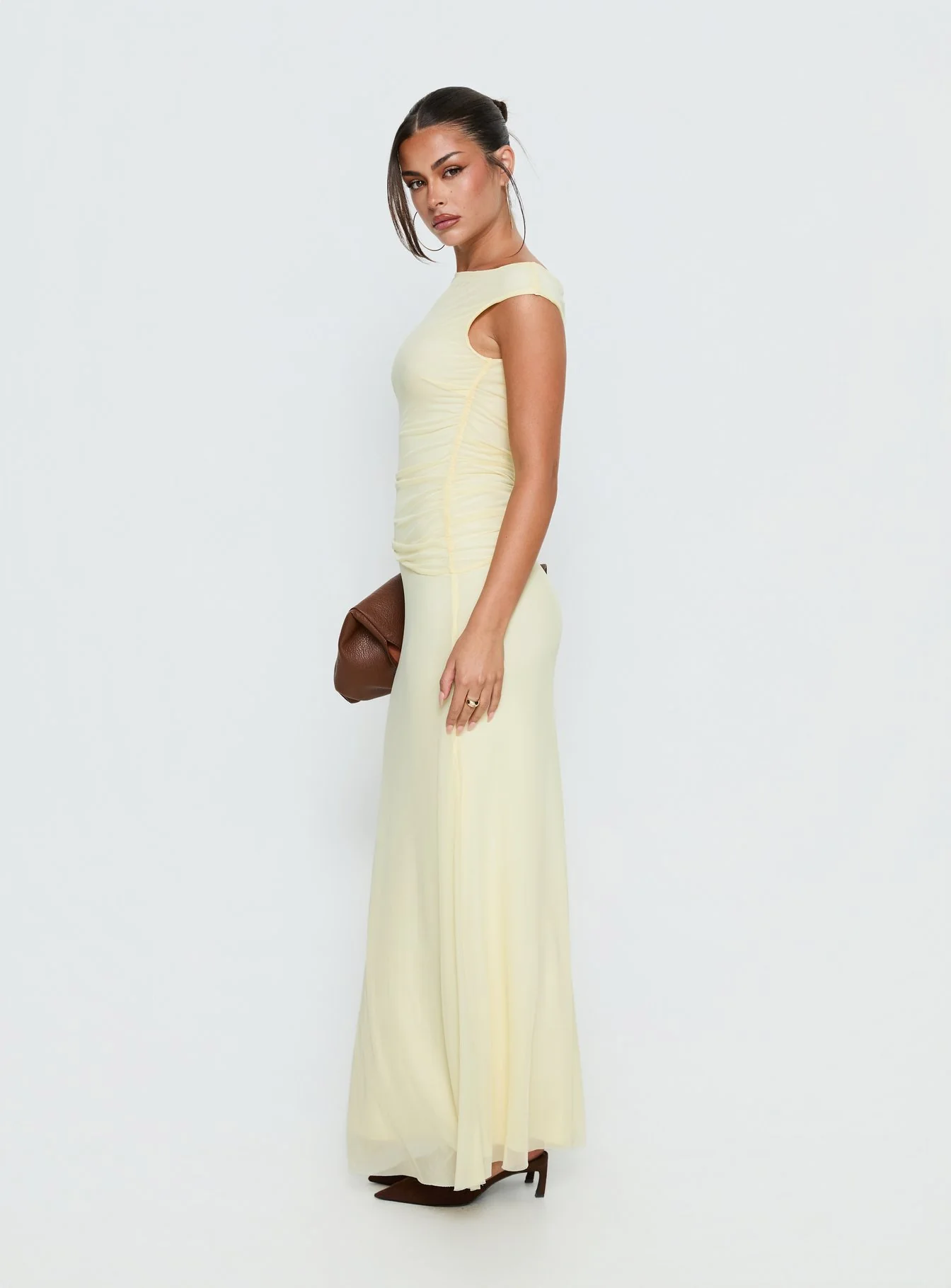 Krystyna Off Shoulder Ruched Mesh Maxi Dress Butter - Image 4