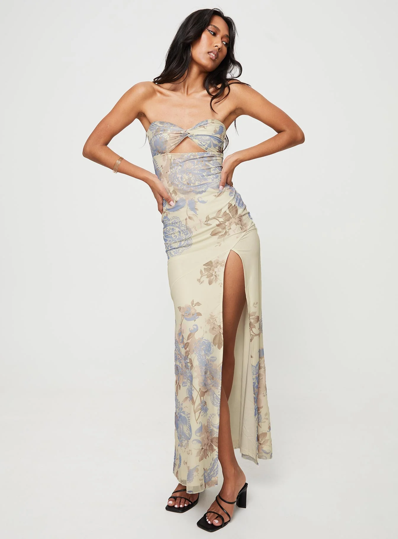 Kyanne High Split Maxi Dress Cream Multi - Image 3