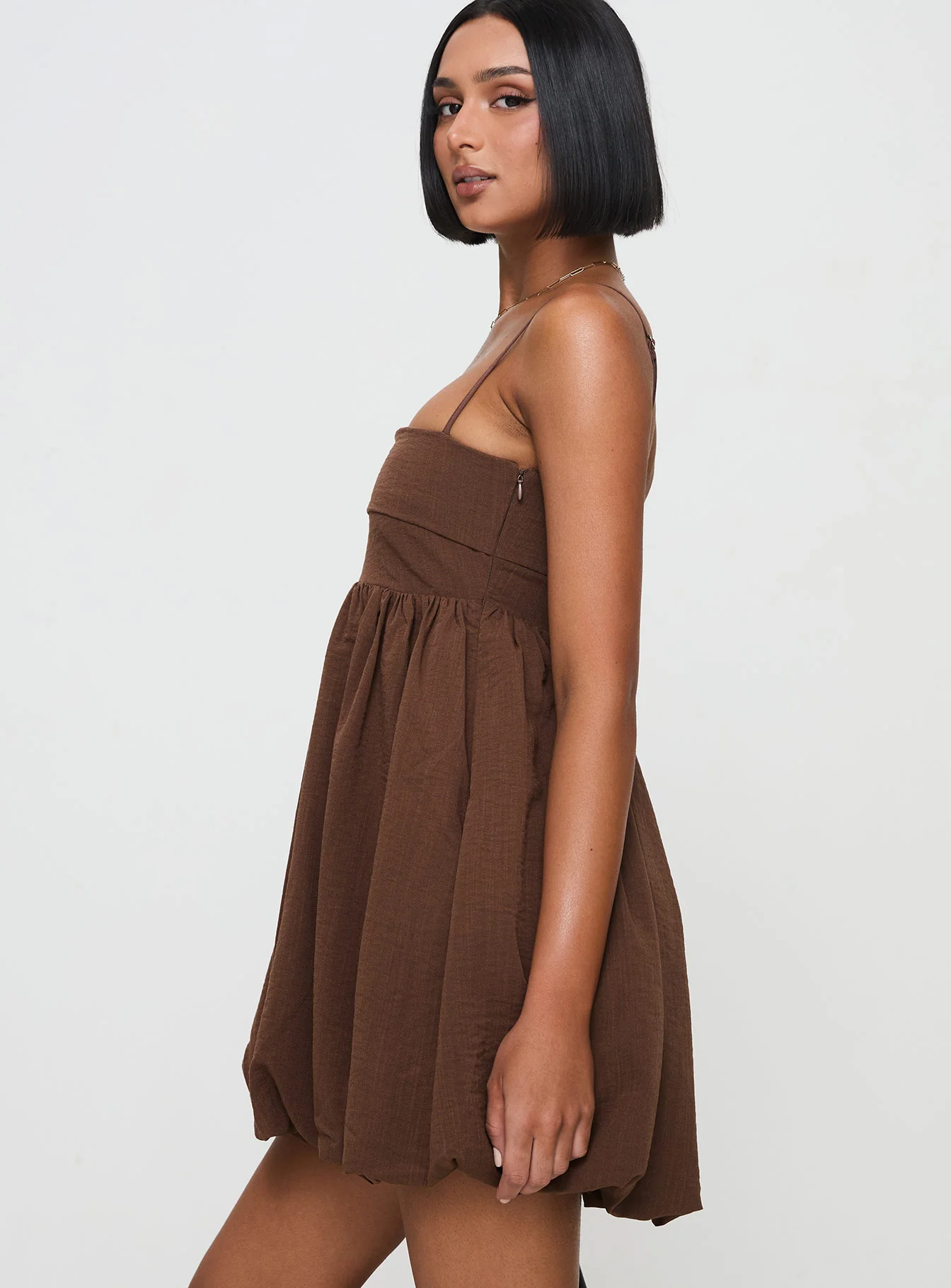 Layken Bubble Hem Mini Dress Chocolate - Image 4