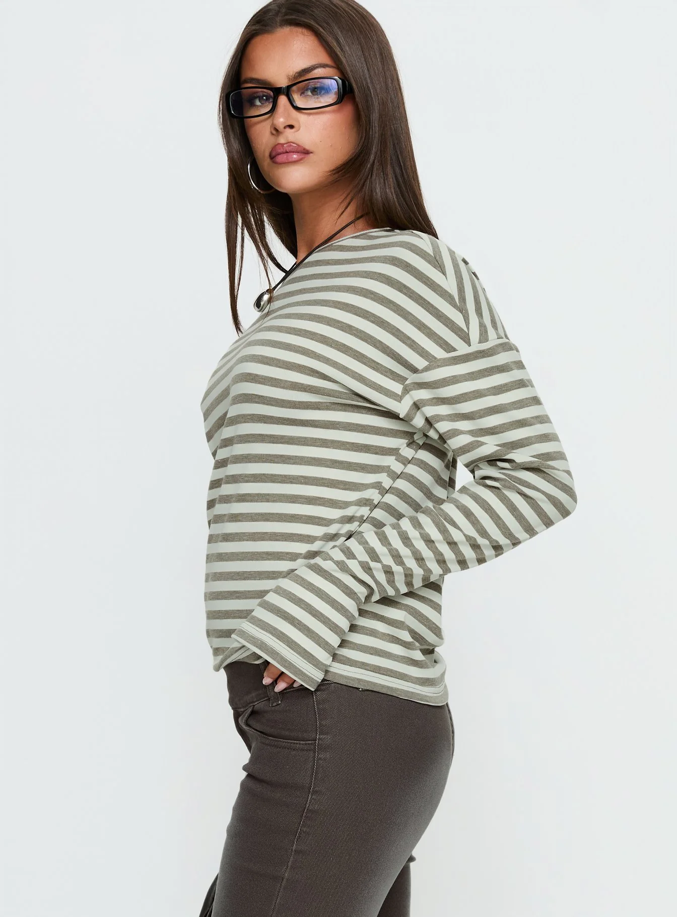Lenorah Off Shoulder Long Sleeve Top Grey Stripe - Image 3
