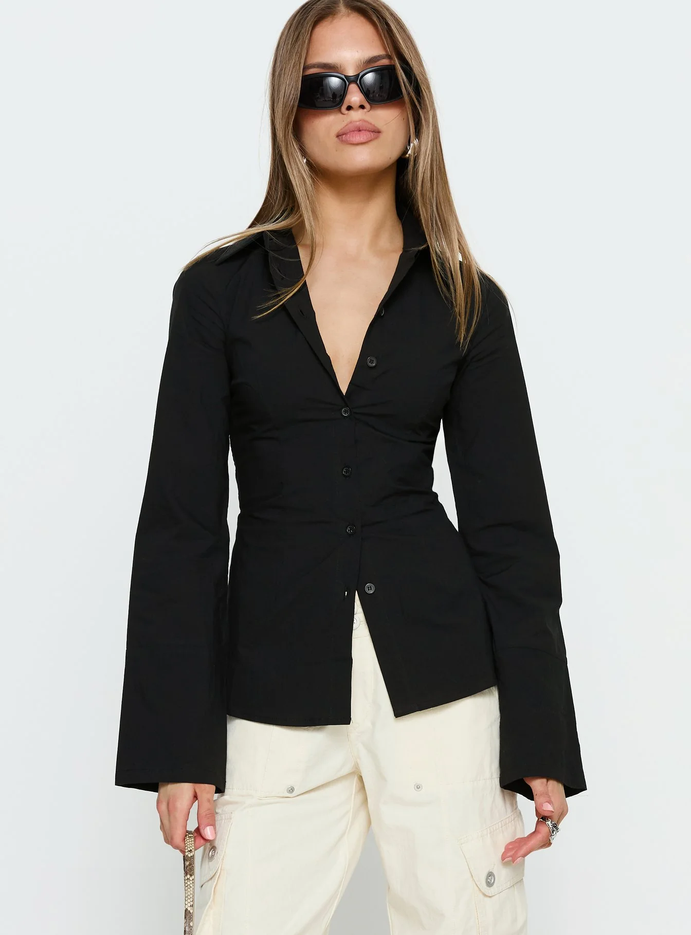 Lesper Long Sleeve Tie Back Top Black - Image 2